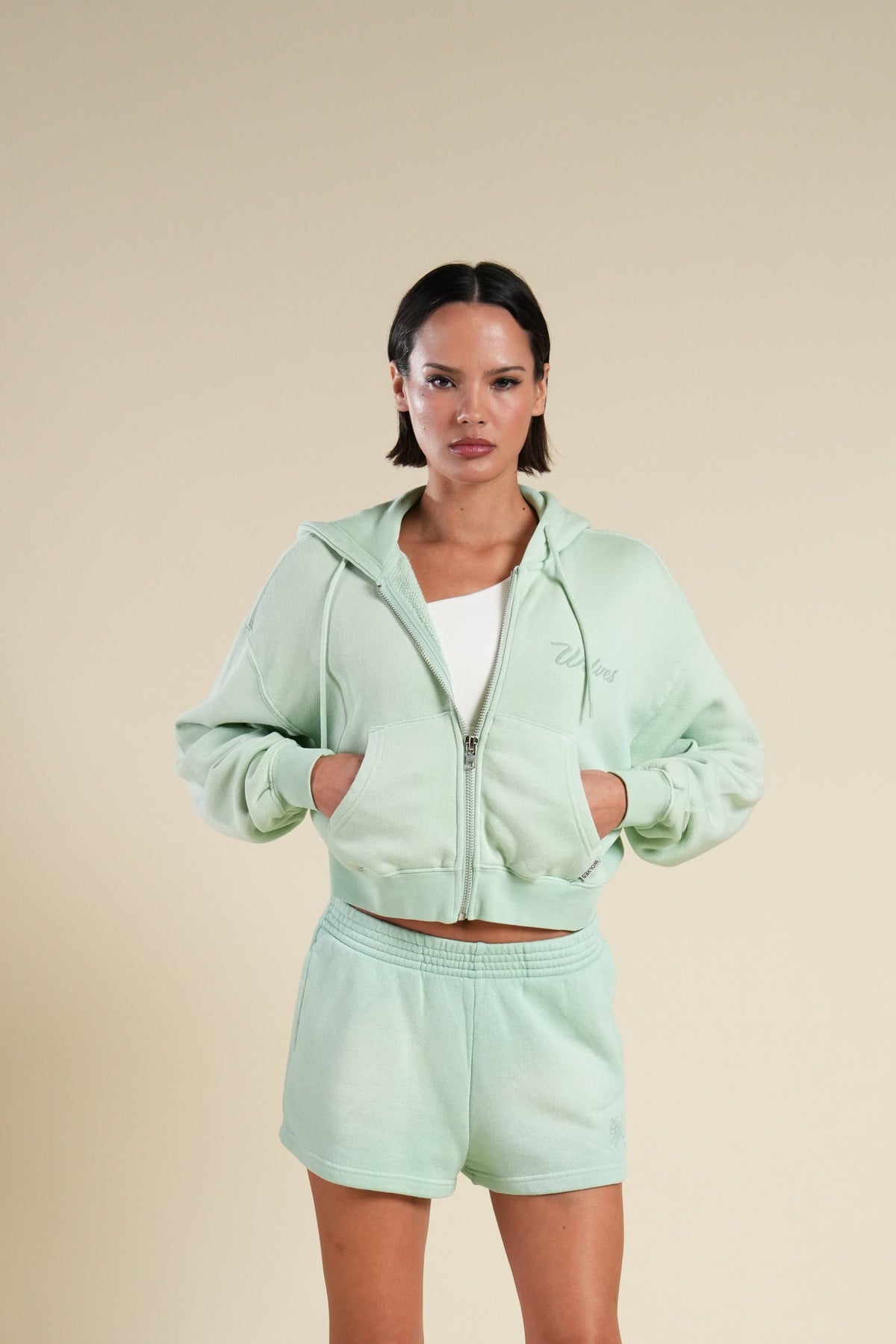Cursive Wolves "Sage" Cropped Zip Hoodie in Honeydew Sun Fade — imagem principal