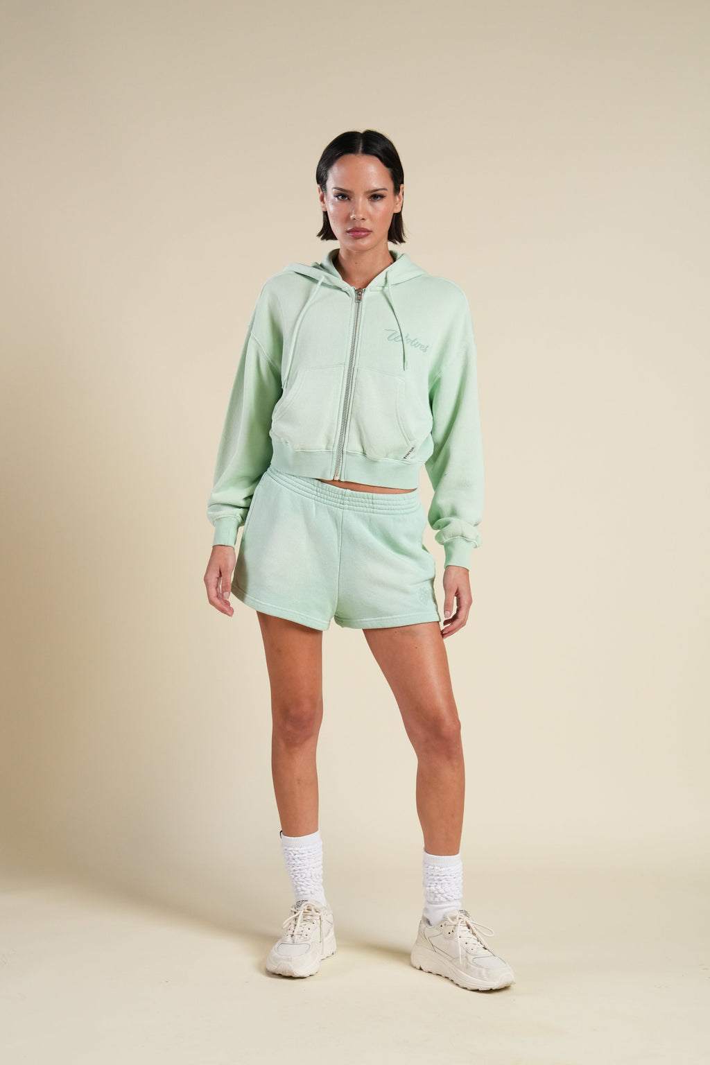 Cursive Wolves "Sage" Cropped Zip Hoodie in Honeydew Sun Fade — imagem 2