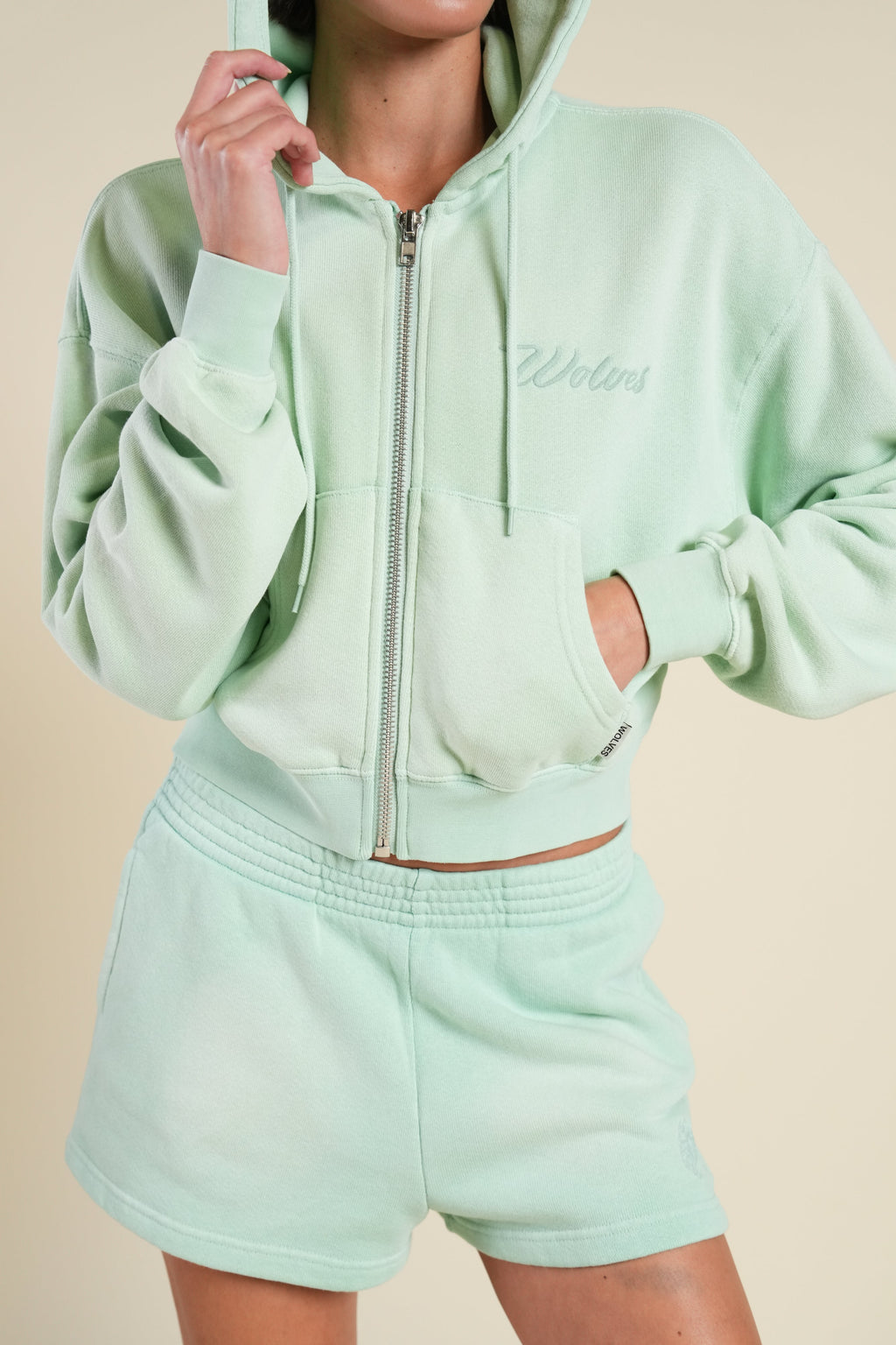 Cursive Wolves "Sage" Cropped Zip Hoodie in Honeydew Sun Fade — imagem 4