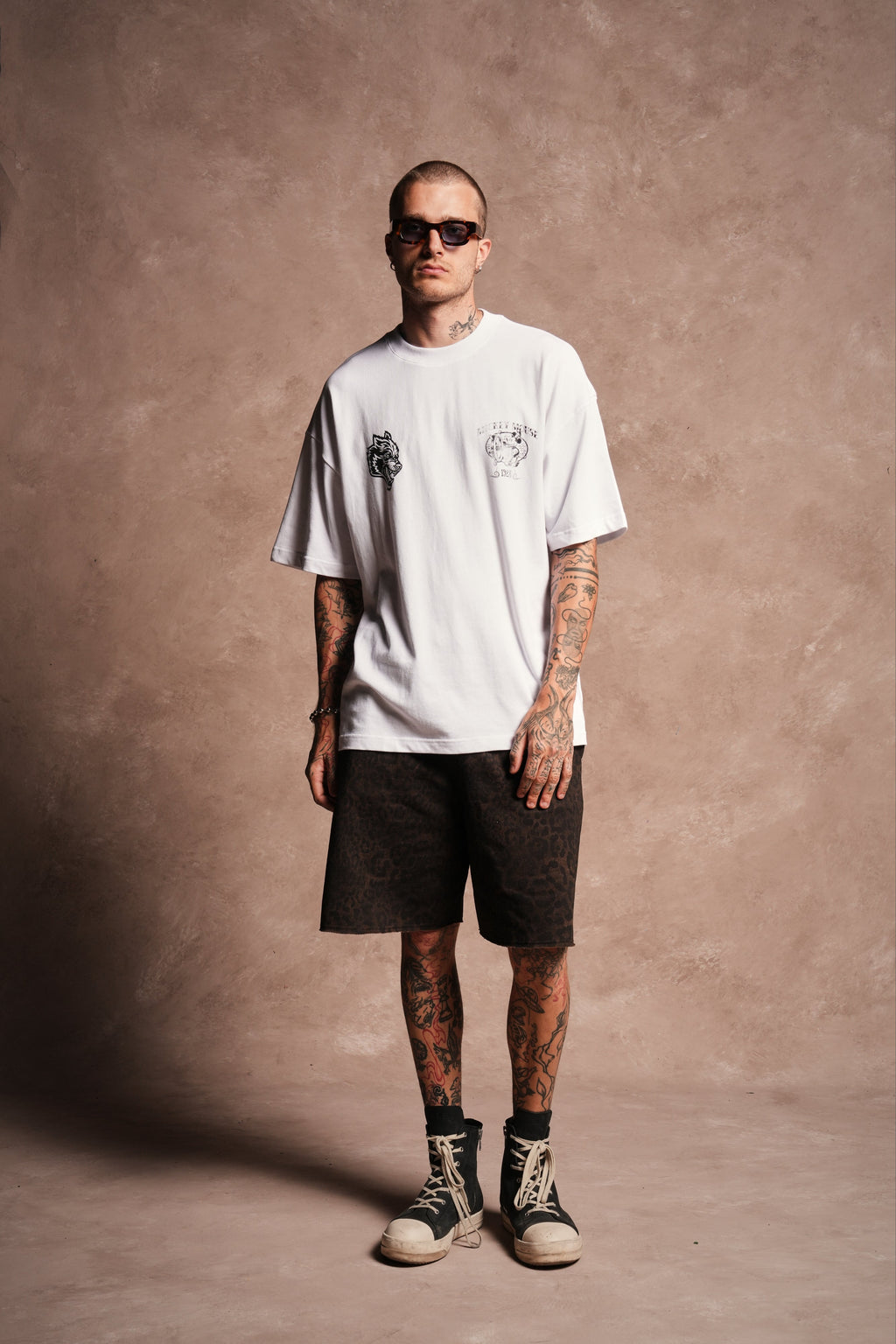 Dual Grunge Oversized Raw Hem Post Lounge Sweat Shorts in Darc Brown Leopard