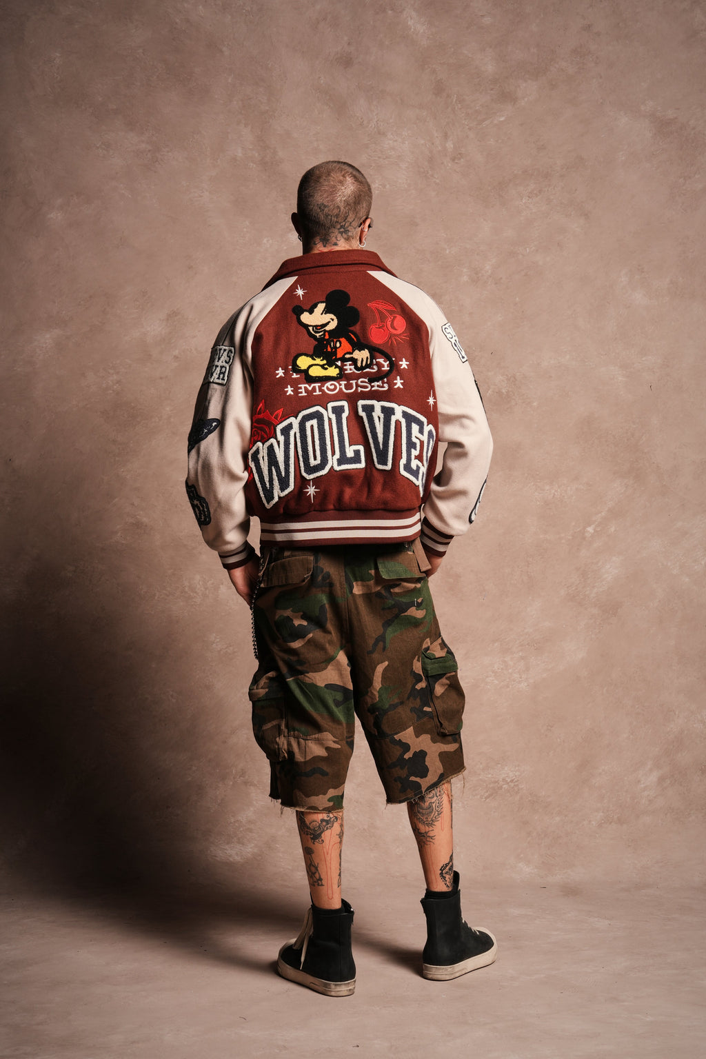 Mickey Mouse Wolves Club Roxy Box Cut Rudy Letterman Jacket in Oxblood/Clay
