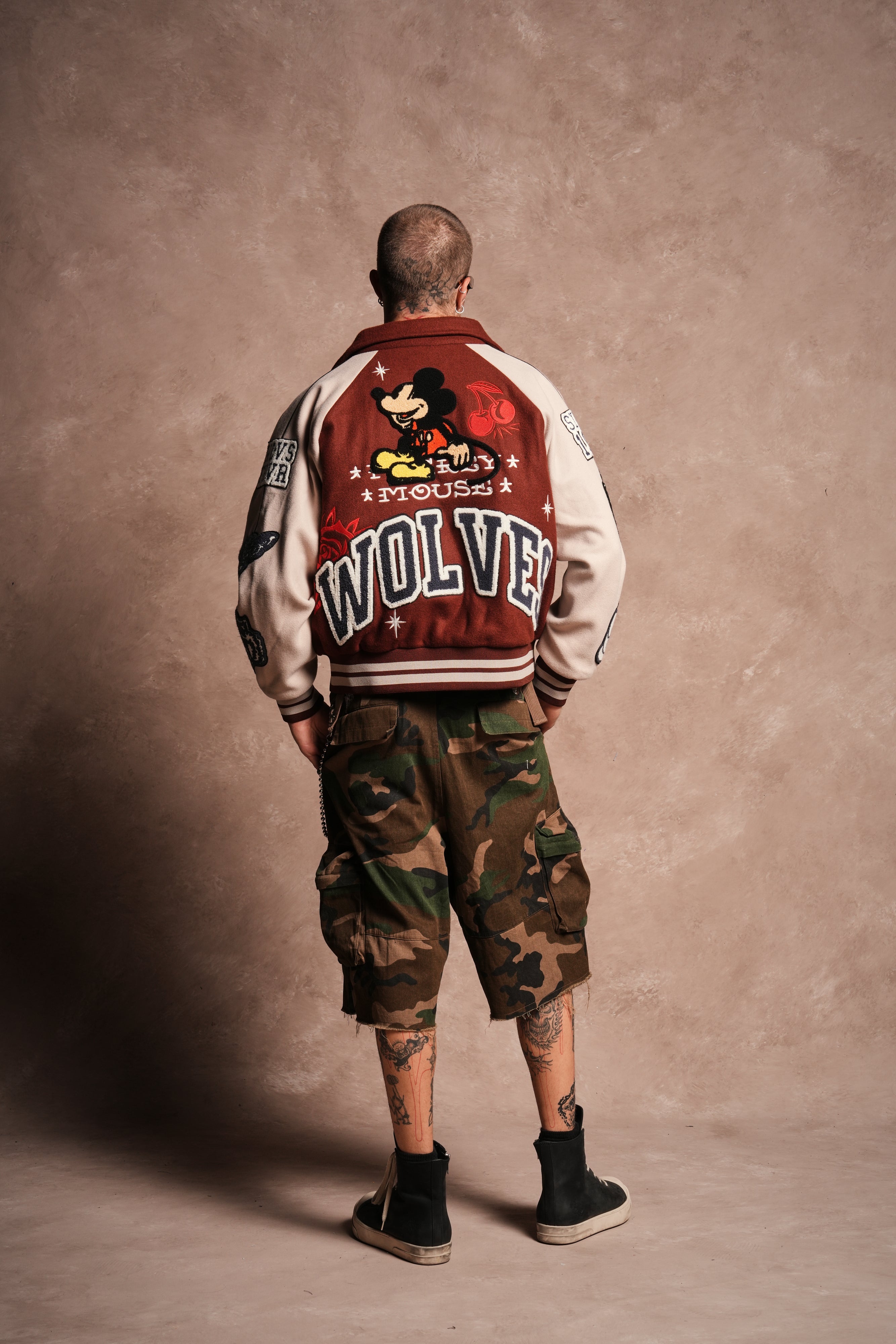 Mickey Mouse Wolves Club Roxy Box Cut Rudy Letterman Jacket in Oxblood/Clay