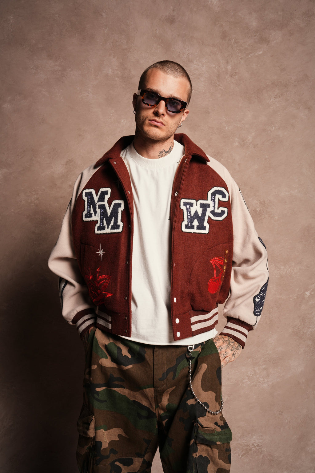 Mickey Mouse Wolves Club Roxy Box Cut Rudy Letterman Jacket in Oxblood/Clay