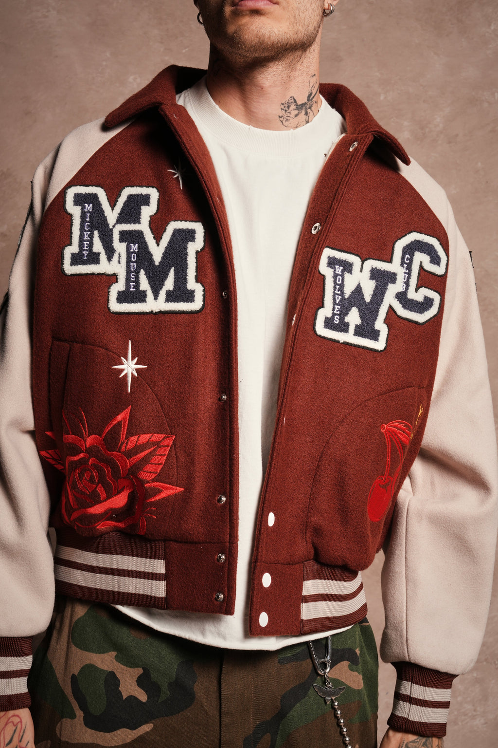 Mickey Mouse Wolves Club Roxy Box Cut Rudy Letterman Jacket in Oxblood/Clay