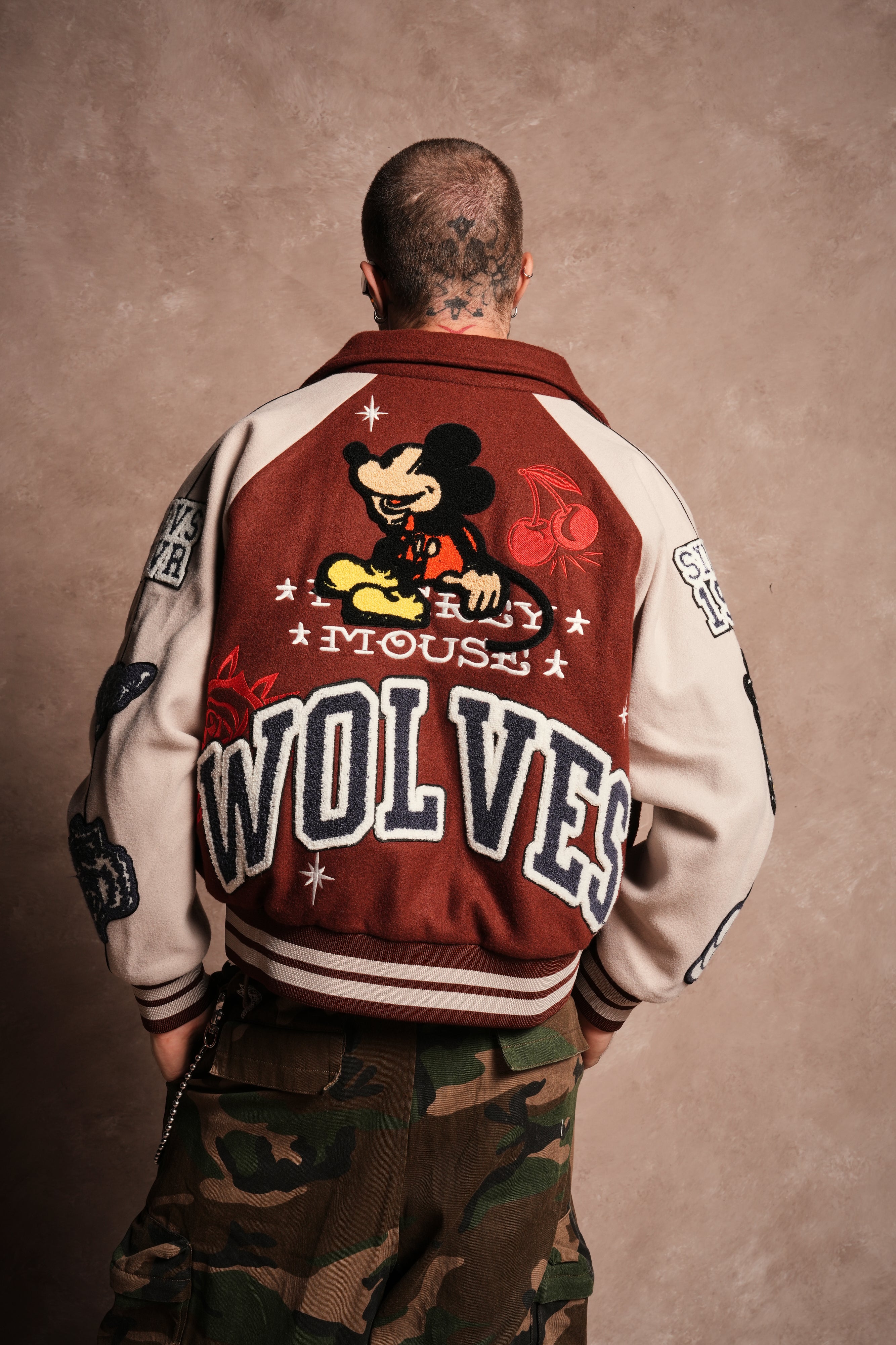 Mickey Mouse Wolves Club Roxy Box Cut Rudy Letterman Jacket in Oxblood/Clay
