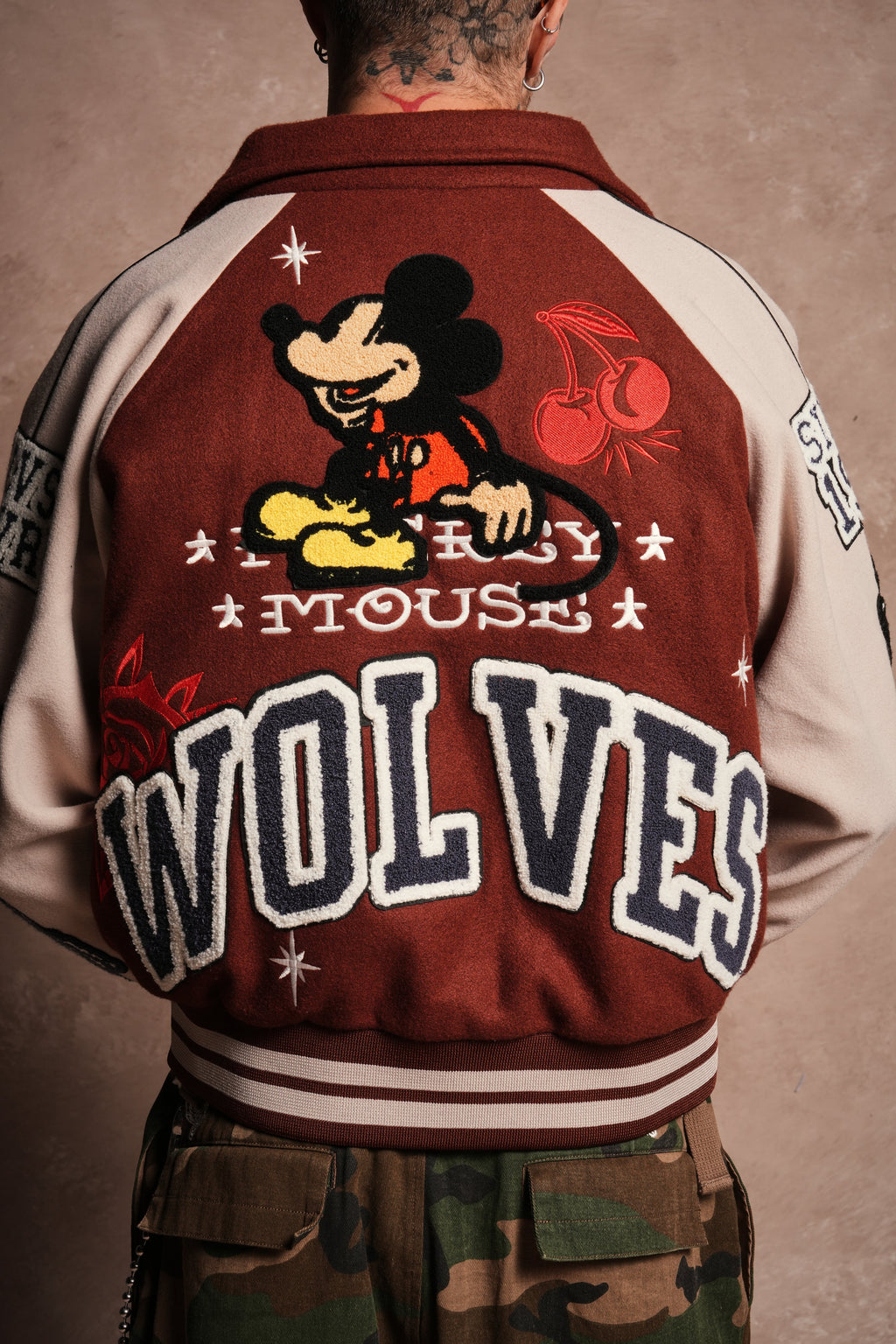 Mickey Mouse Wolves Club Roxy Box Cut Rudy Letterman Jacket in Oxblood/Clay