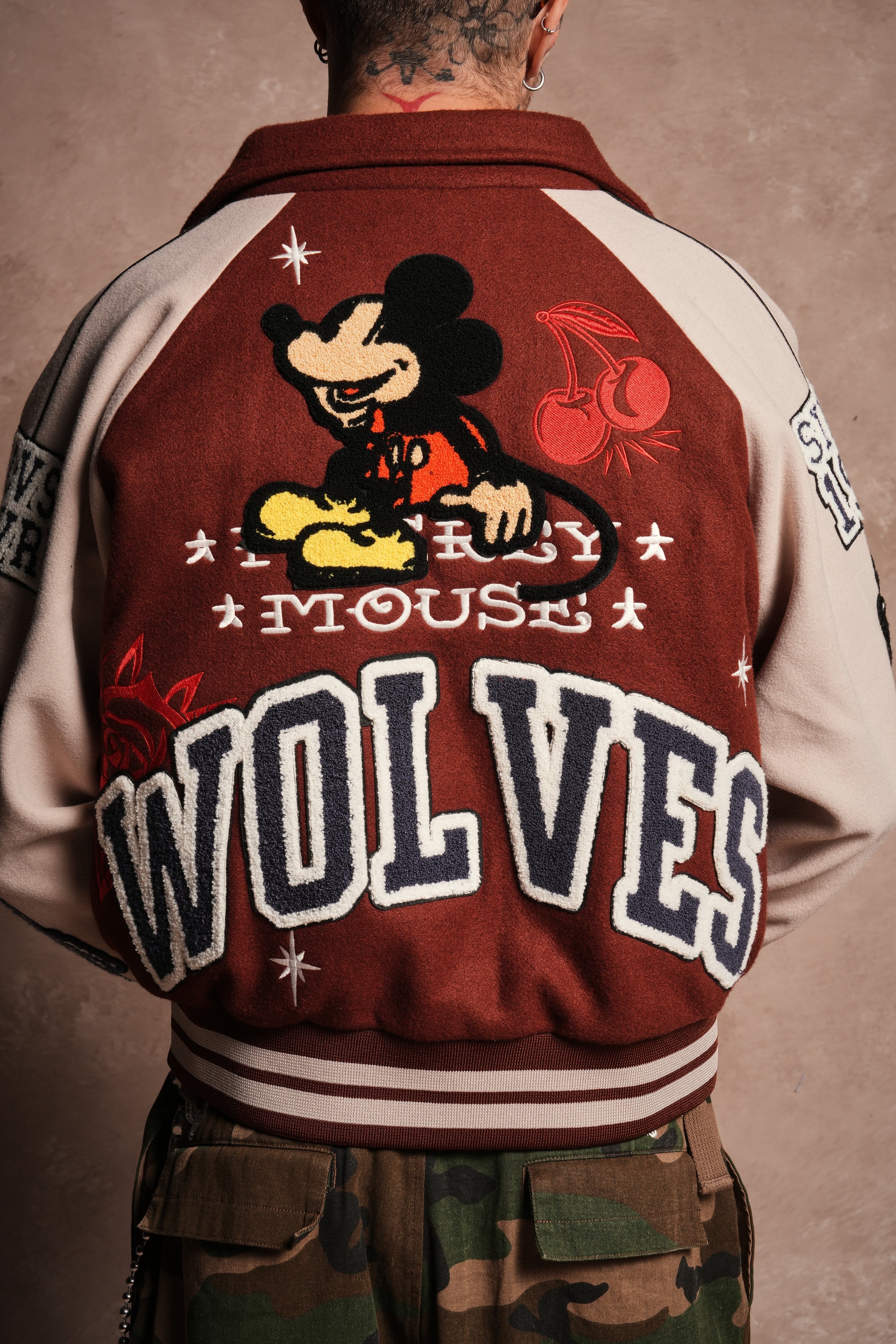 Mickey Mouse Wolves Club Roxy Box Cut Rudy Letterman Jacket in Oxblood/Clay