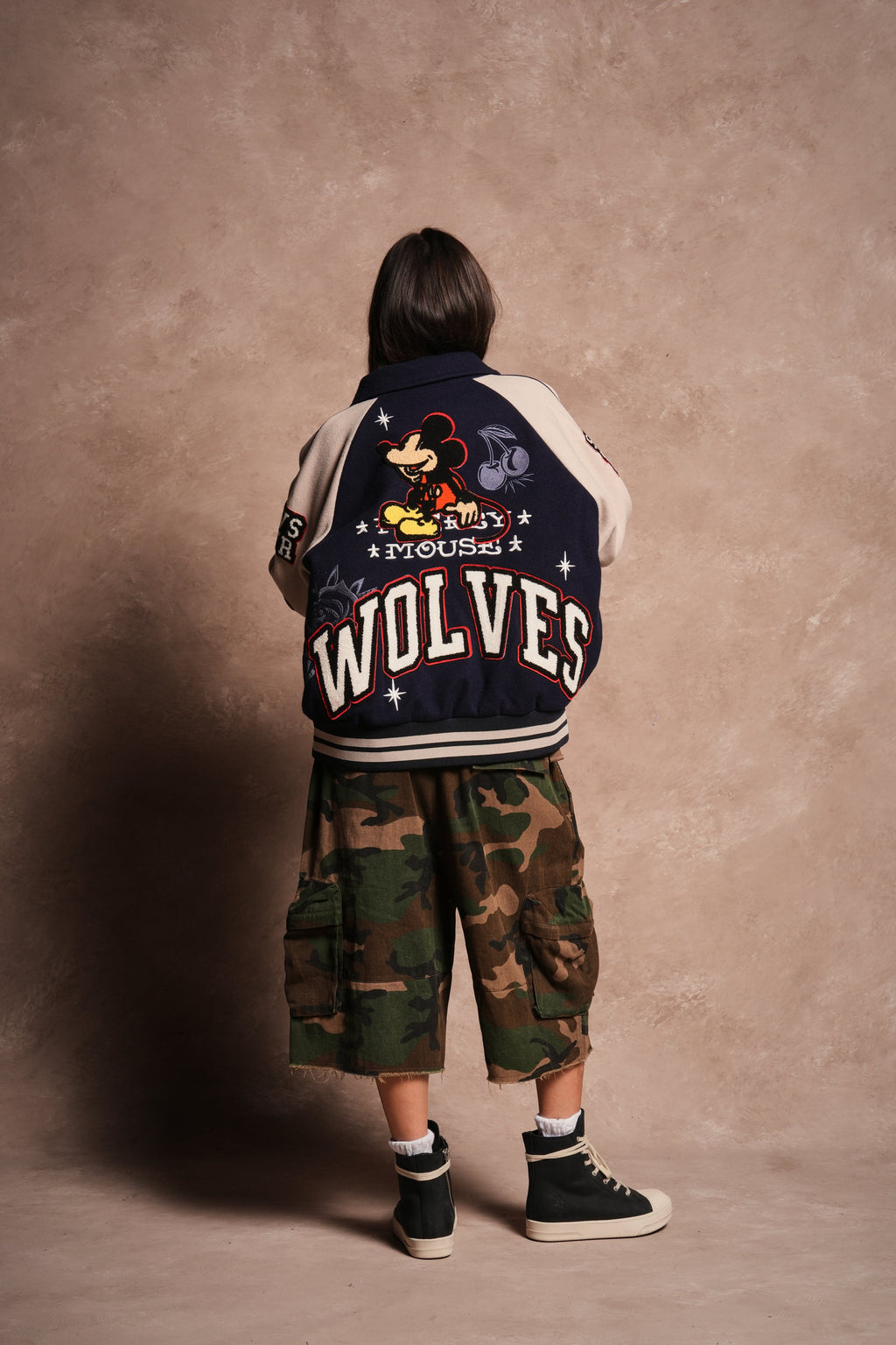 Mickey Mouse Wolves Club Roxy Box Cut Rudy Letterman Jacket in Navy/Clay