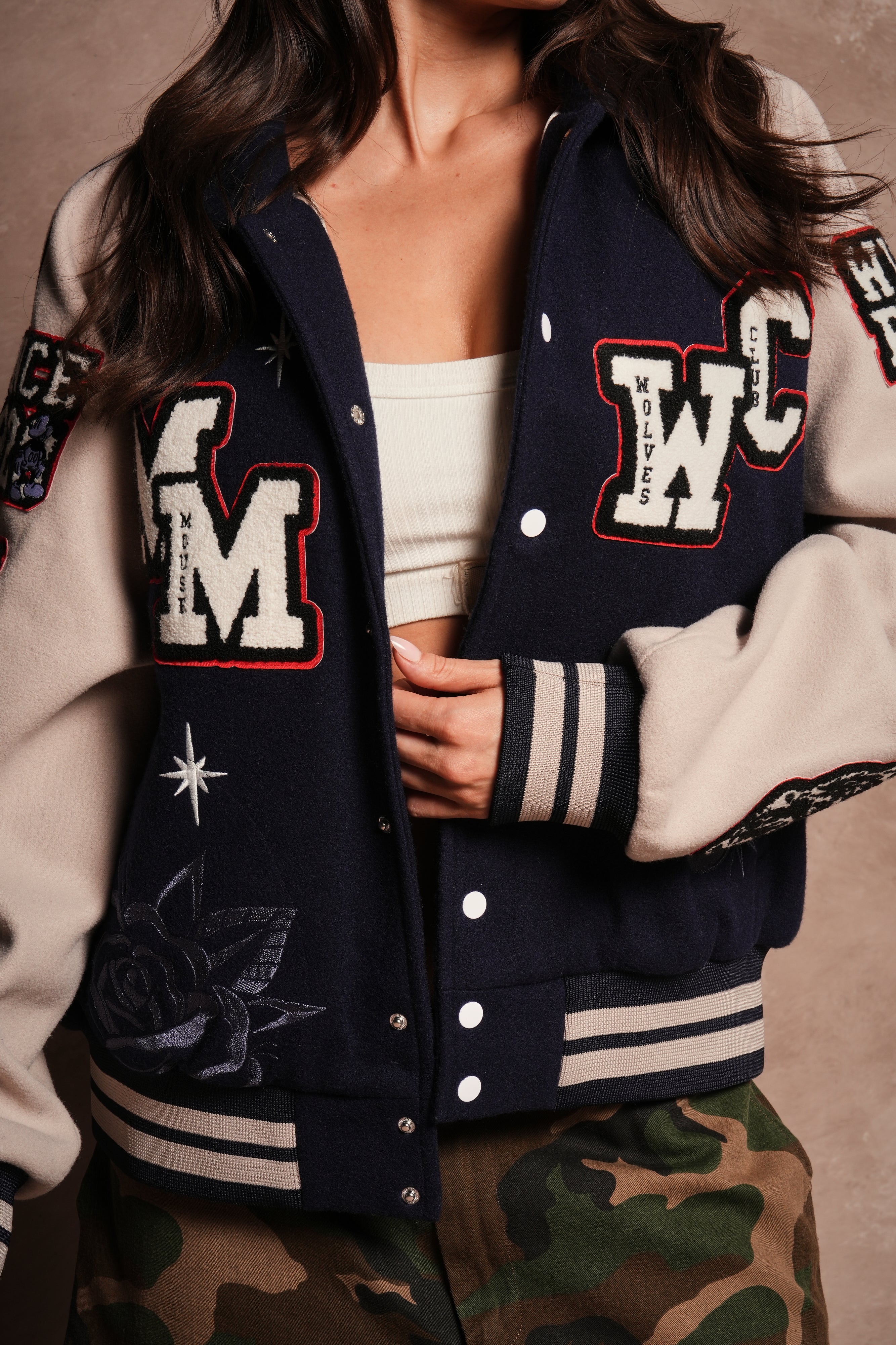 Mickey Mouse Wolves Club Roxy Box Cut Rudy Letterman Jacket in Navy/Clay