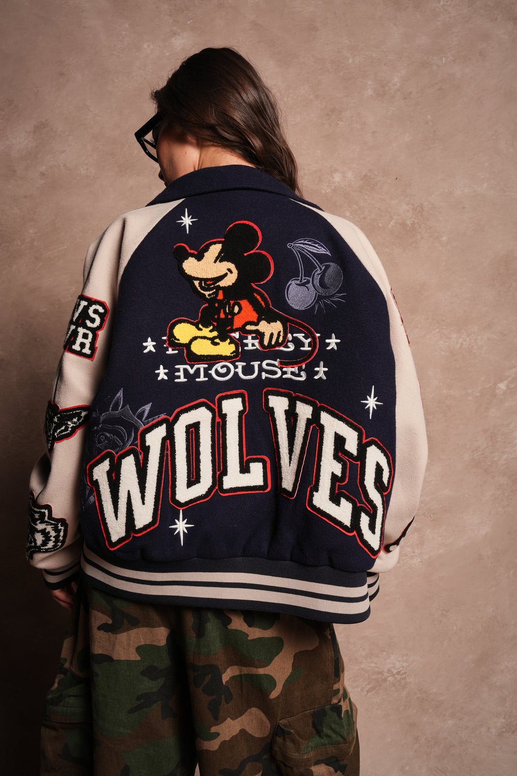 Mickey Mouse Wolves Club Roxy Box Cut Rudy Letterman Jacket in Navy/Clay
