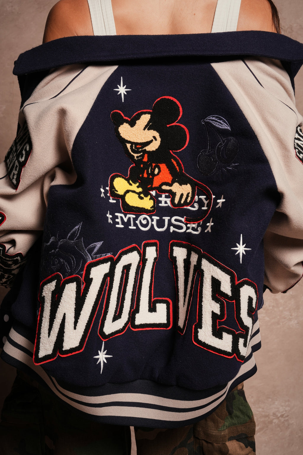 Mickey Mouse Wolves Club Roxy Box Cut Rudy Letterman Jacket in Navy/Clay