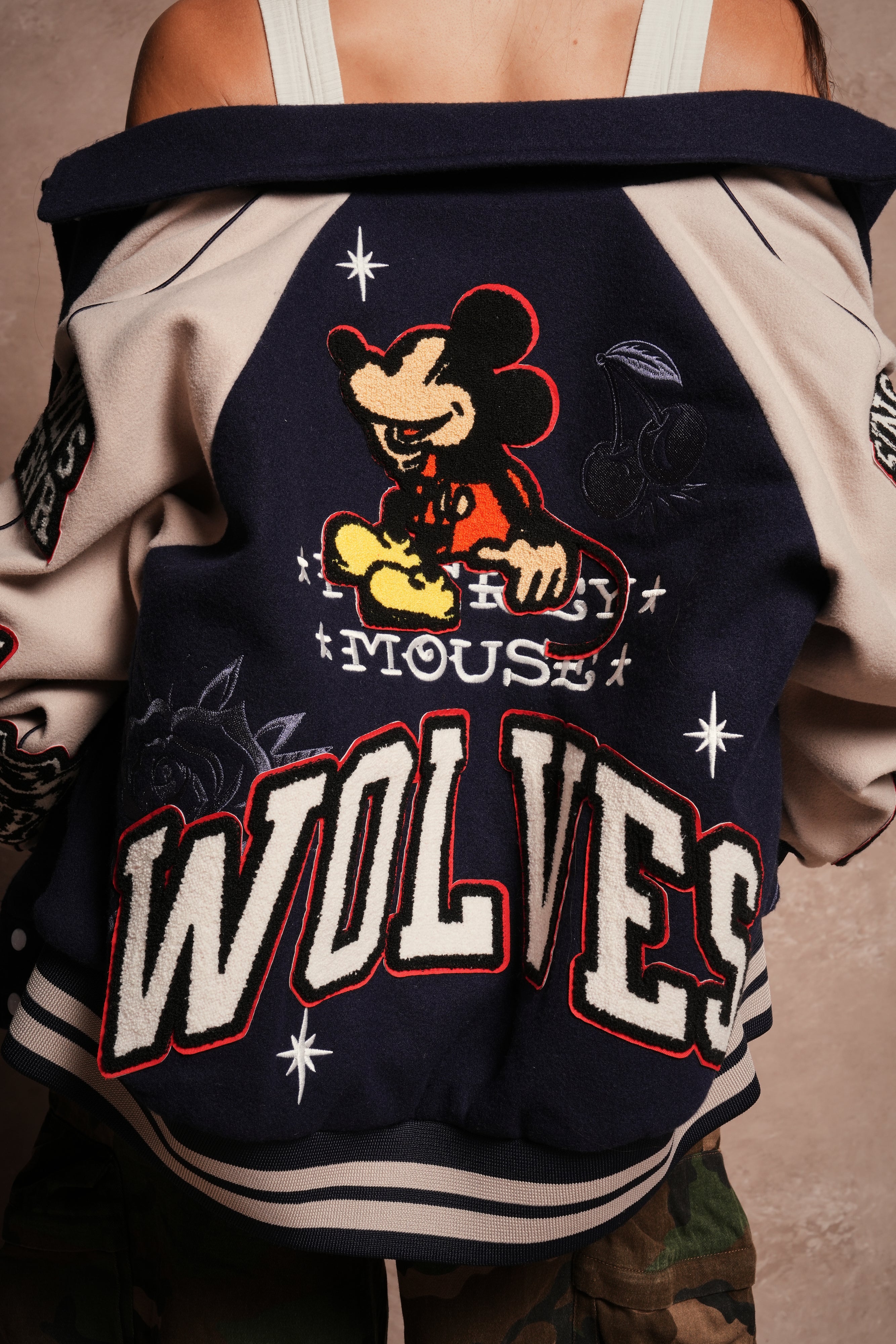 Mickey Mouse Wolves Club Roxy Box Cut Rudy Letterman Jacket in Navy/Clay