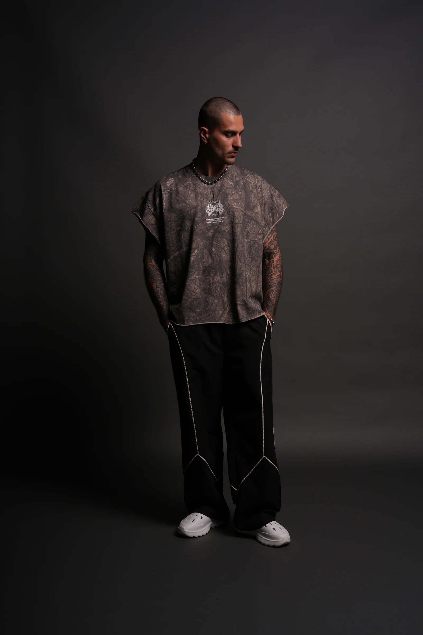 WOLVES OHANA FOREVER "GRUNGE" CUT OFF TEE IN DUSK MOSS DRIFTWOOD FOREST CAMO