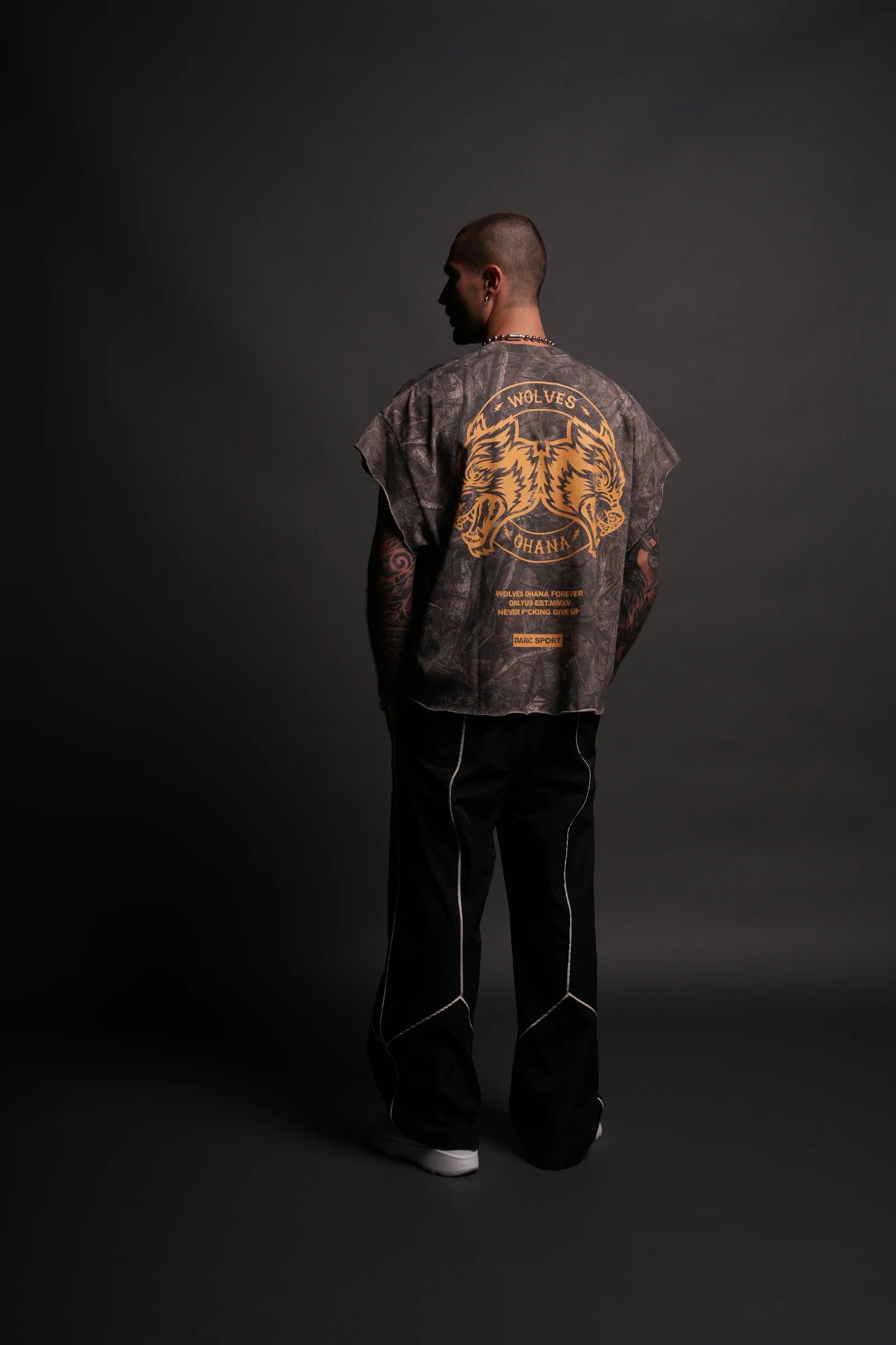 WOLVES OHANA FOREVER "GRUNGE" CUT OFF TEE IN DUSK MOSS DRIFTWOOD FOREST CAMO