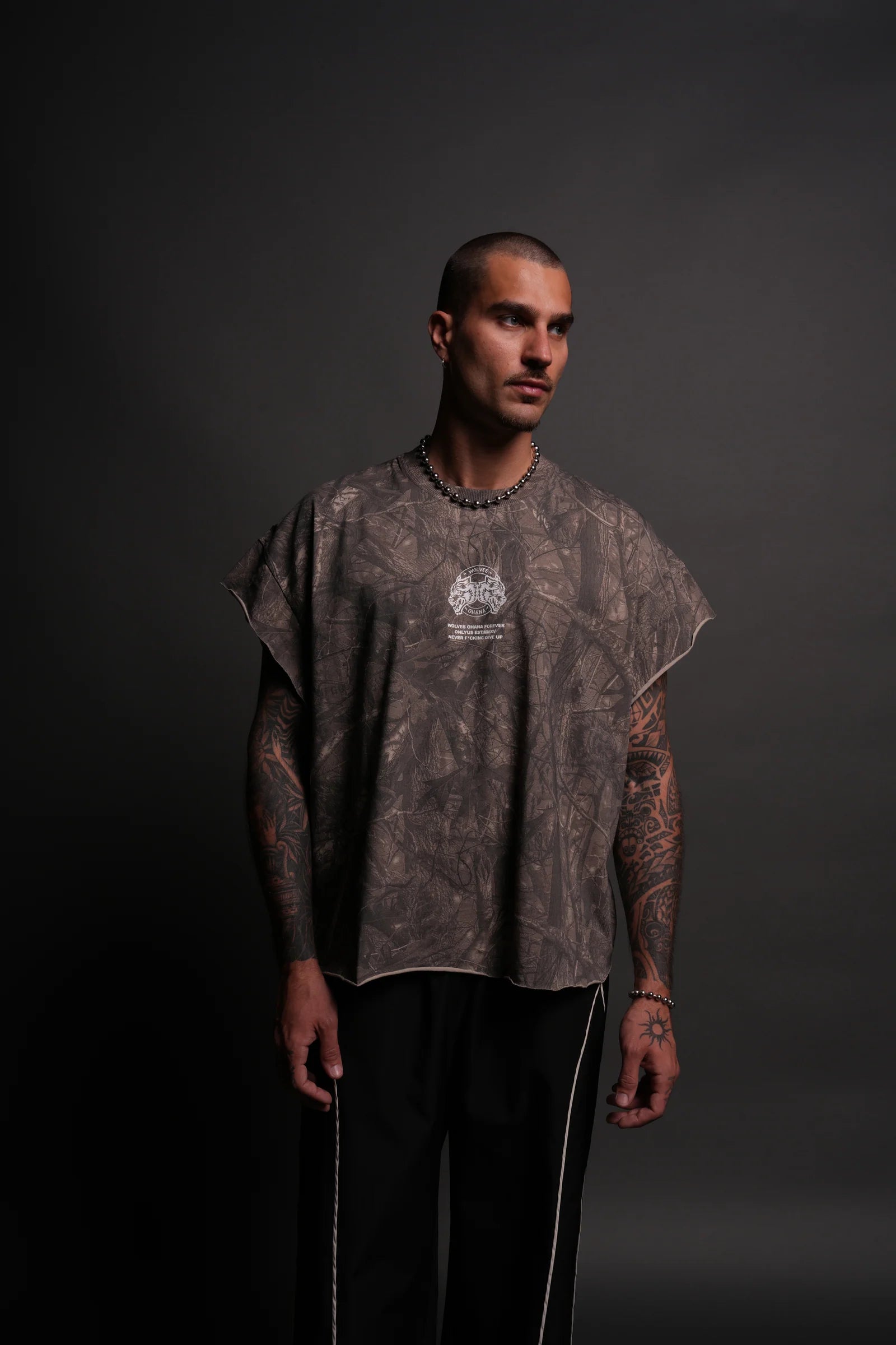 WOLVES OHANA FOREVER "GRUNGE" CUT OFF TEE IN DUSK MOSS DRIFTWOOD FOREST CAMO