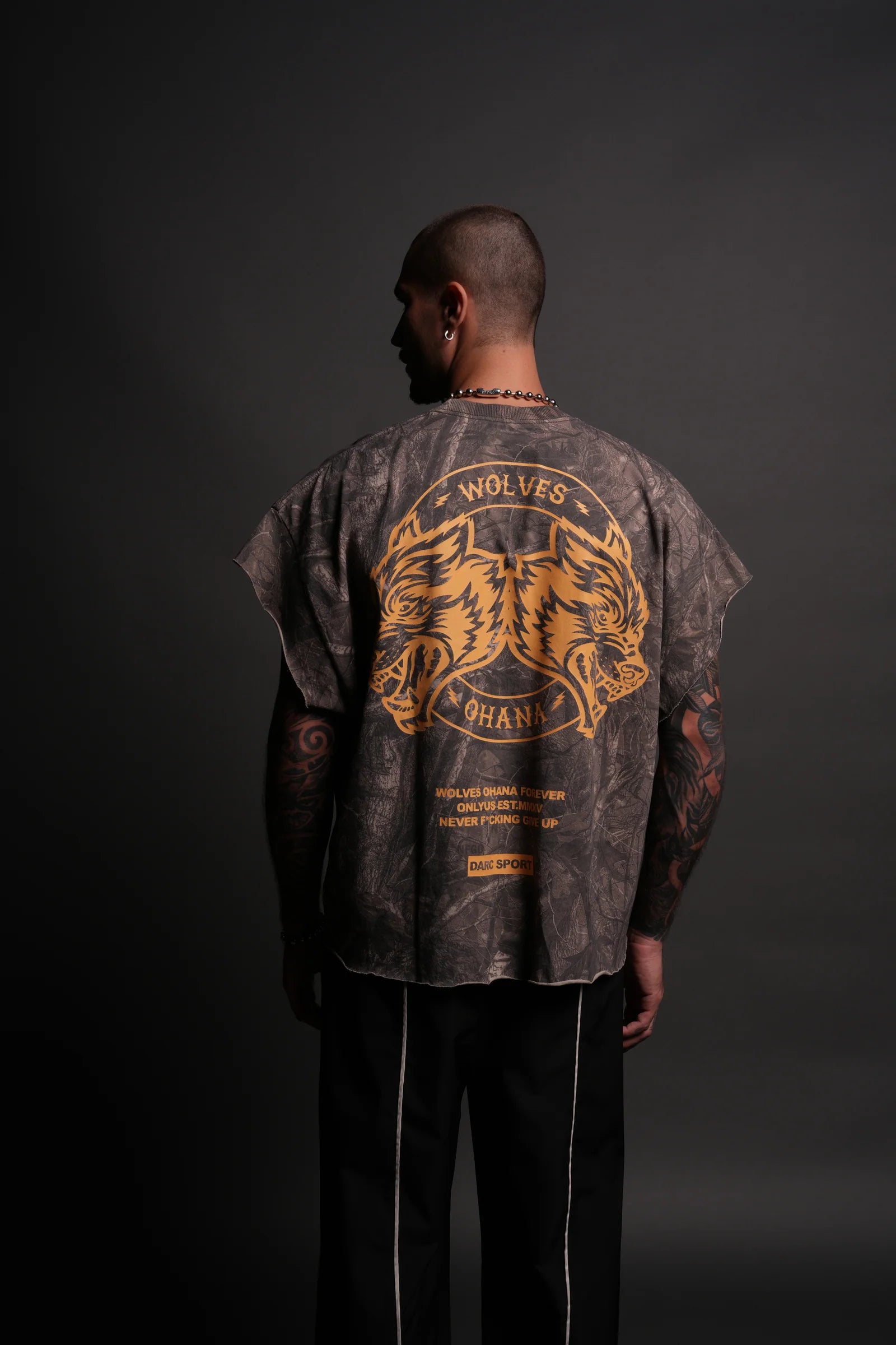 WOLVES OHANA FOREVER "GRUNGE" CUT OFF TEE IN DUSK MOSS DRIFTWOOD FOREST CAMO