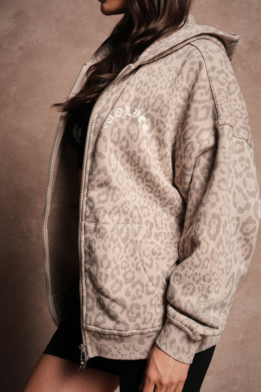 Wolves Chopper Anya Premium Double Zip Hoodie in Clay Leopard