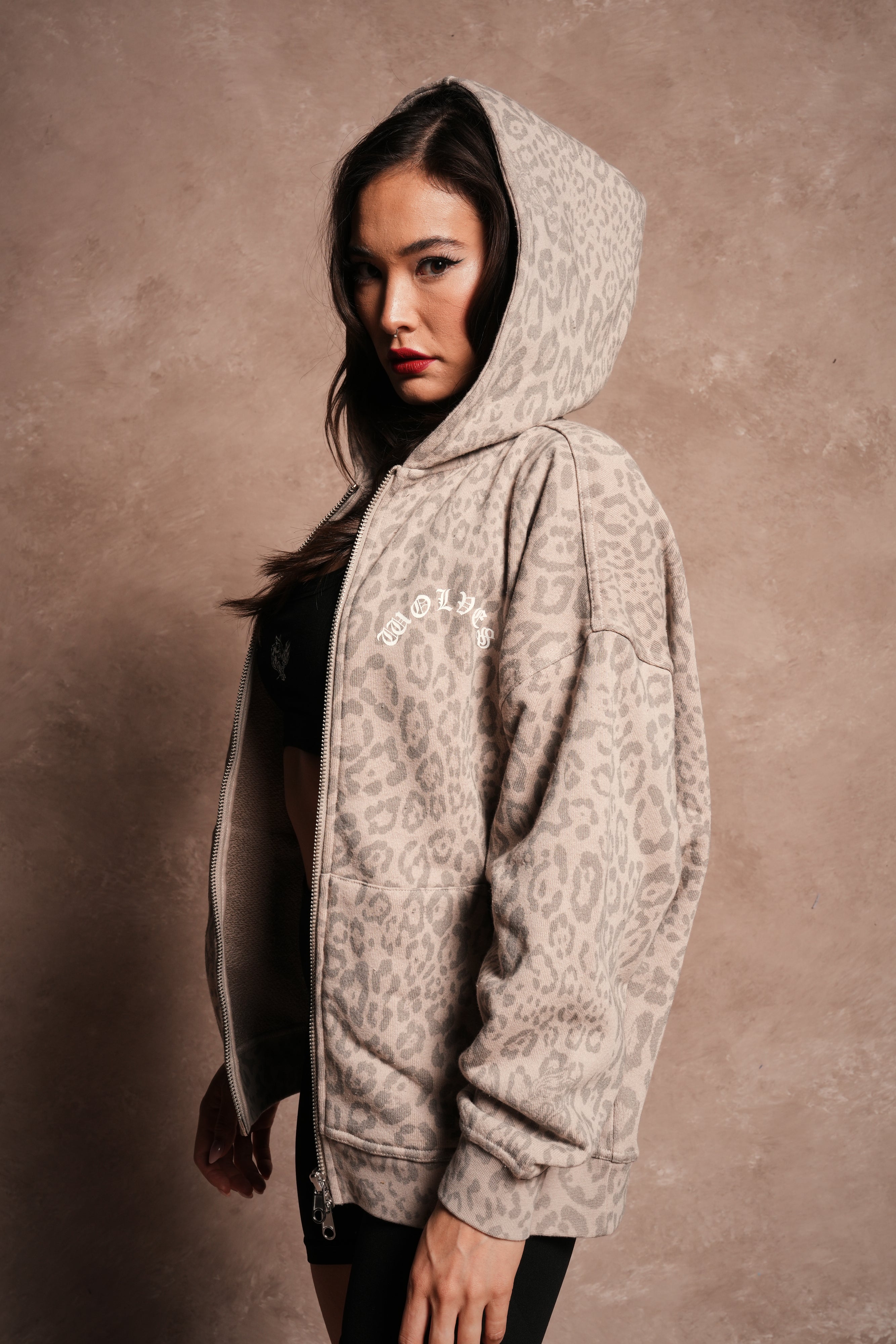Wolves Chopper Anya Premium Double Zip Hoodie in Clay Leopard