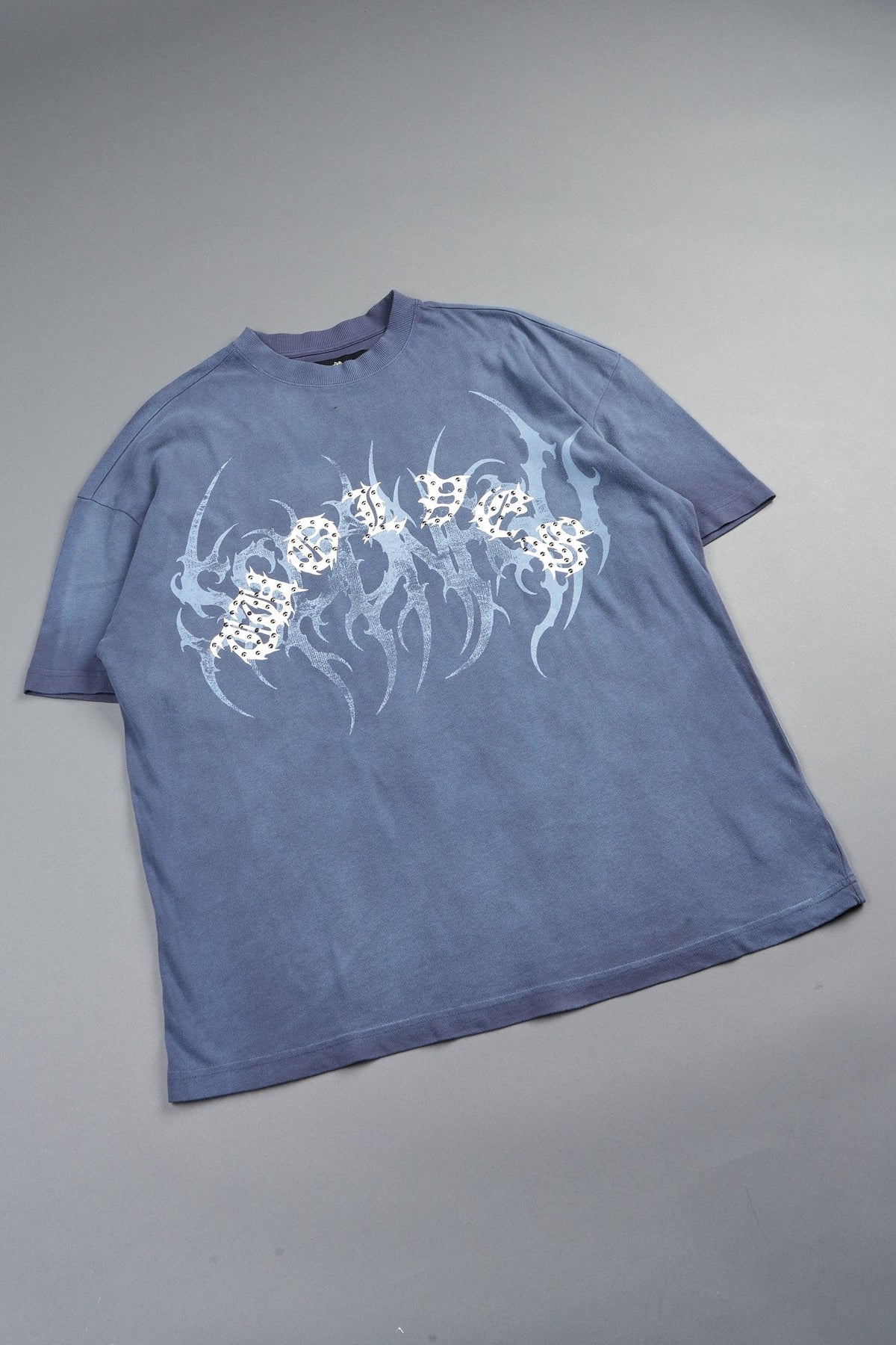 Studded Mantra Premium Oversized Tee In Storm Blue Super Sun Fade