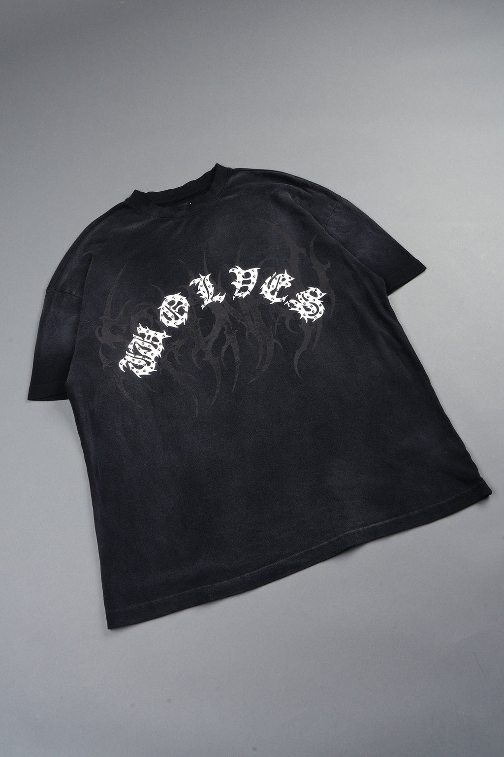 Studded Mantra Premium Oversized Tee In Black Super Sun Fade