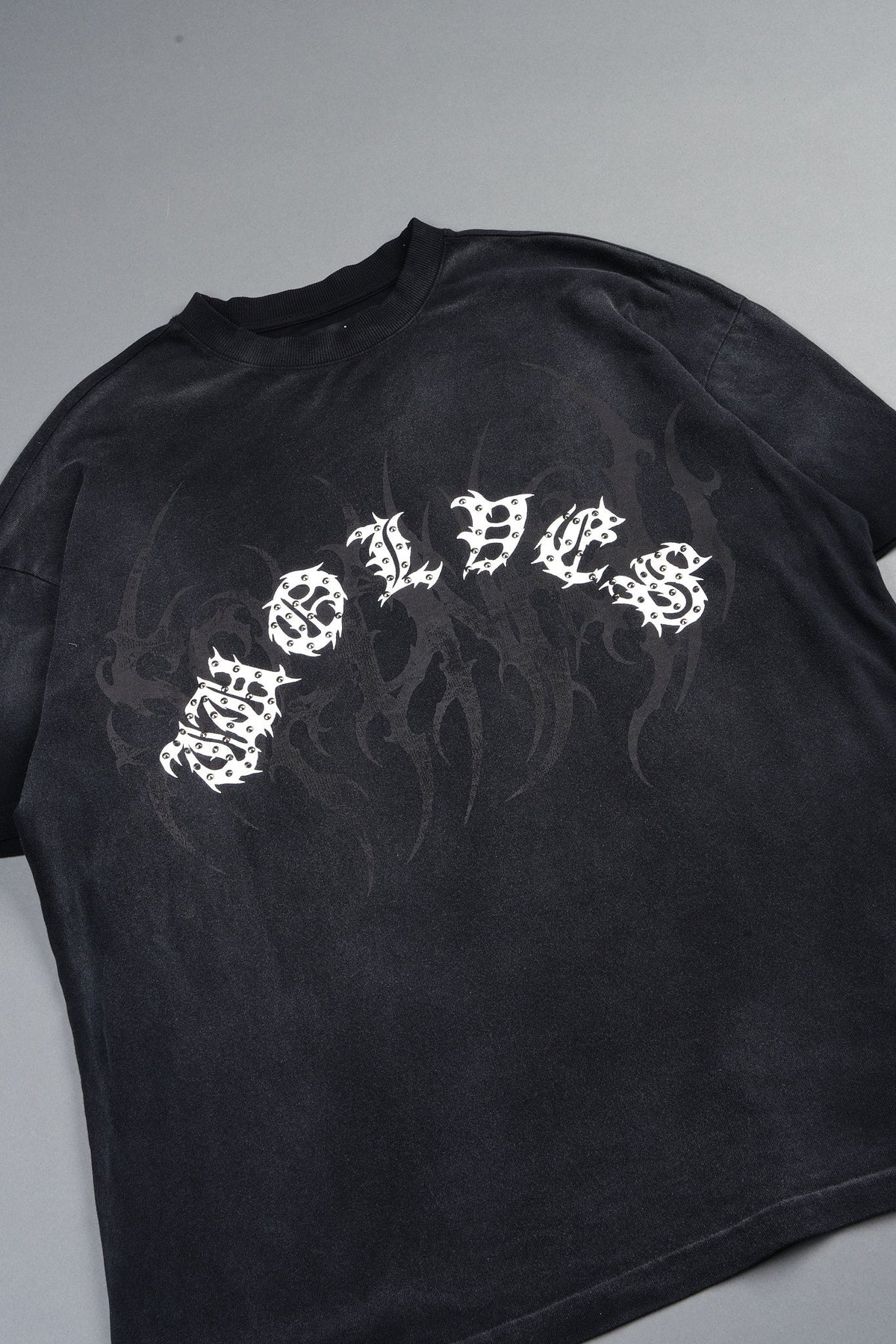 Studded Mantra Premium Oversized Tee In Black Super Sun Fade