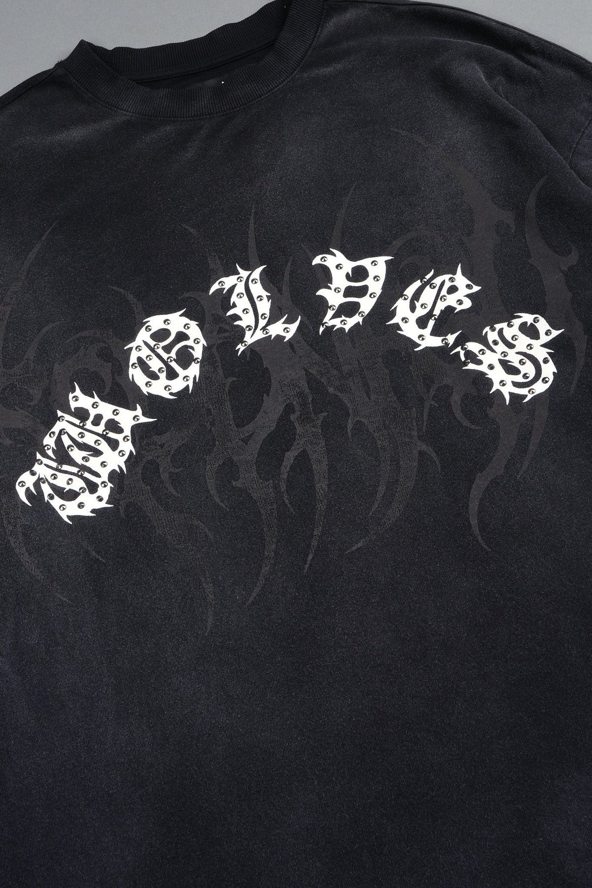 Studded Mantra Premium Oversized Tee In Black Super Sun Fade