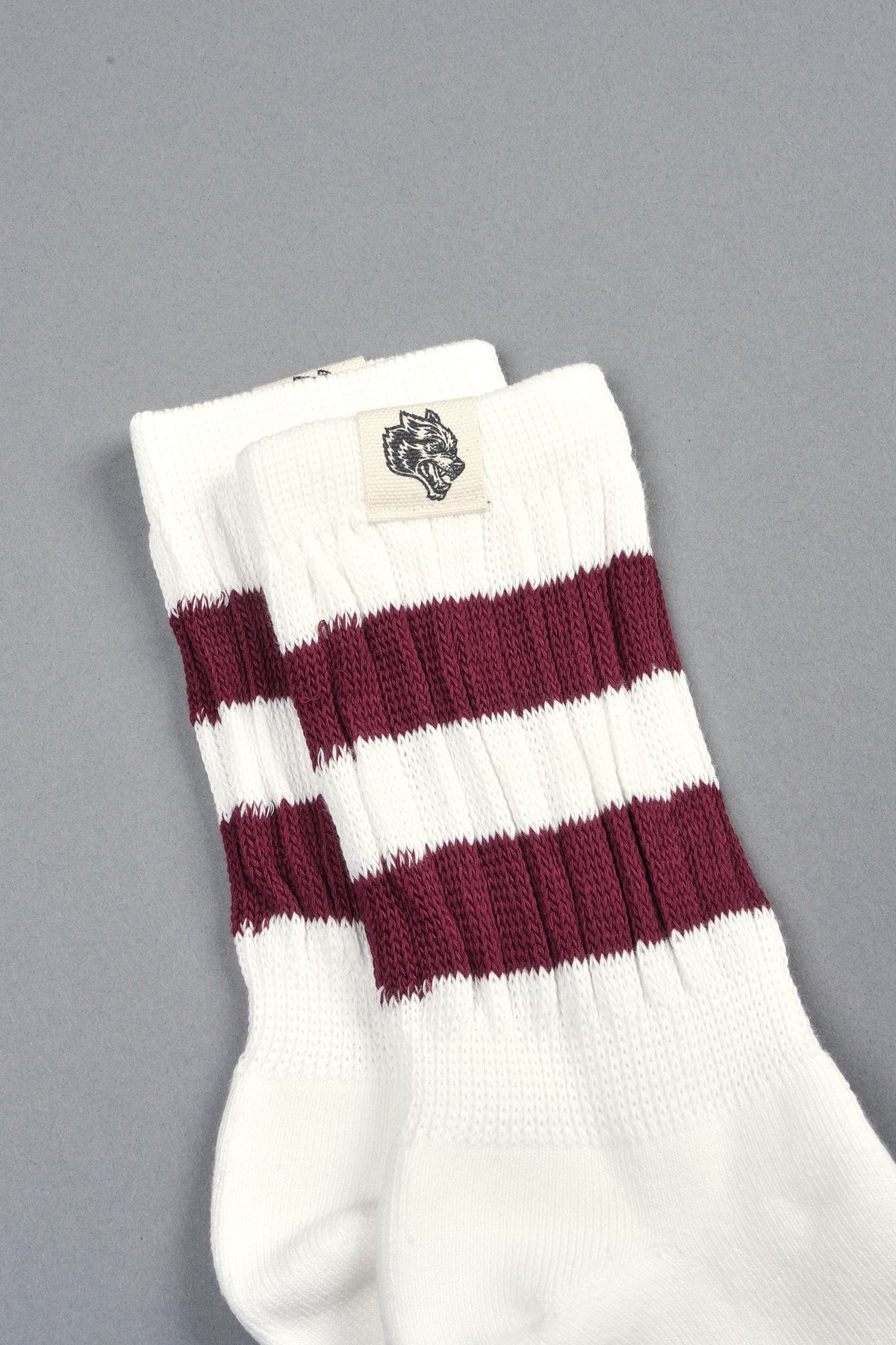 Wolf Patch V2 2 Stripe Comfy Socks in Cream/Oxblood
