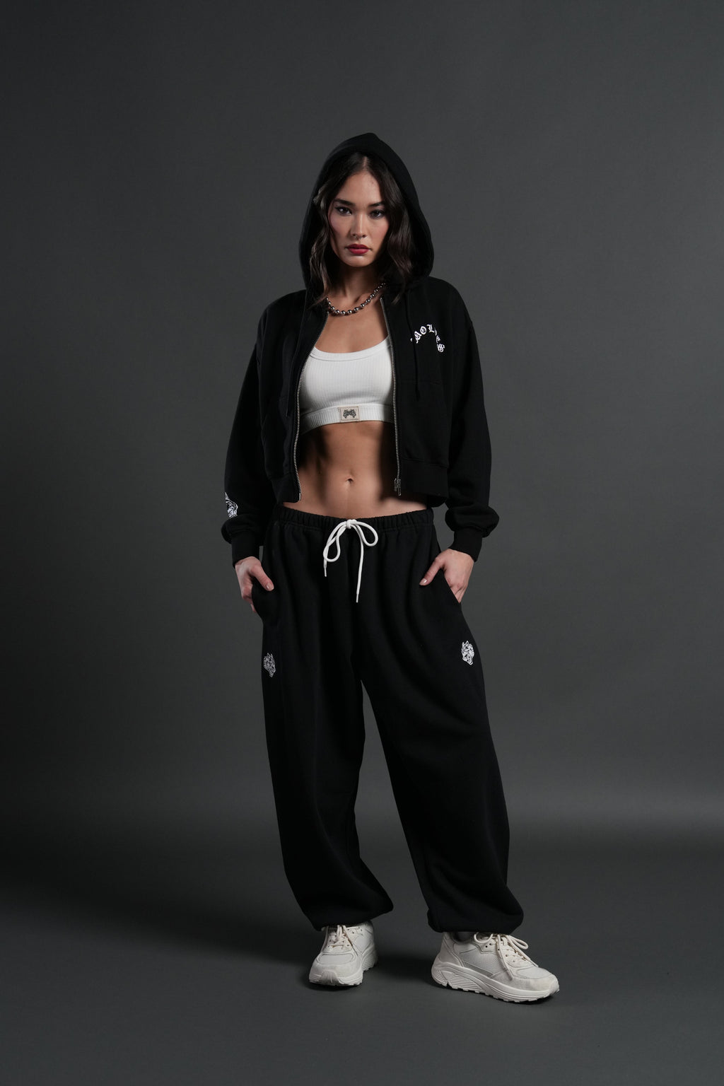 Wolf Chopper FRVR "Sage" Cropped Zip Hoodie in Black