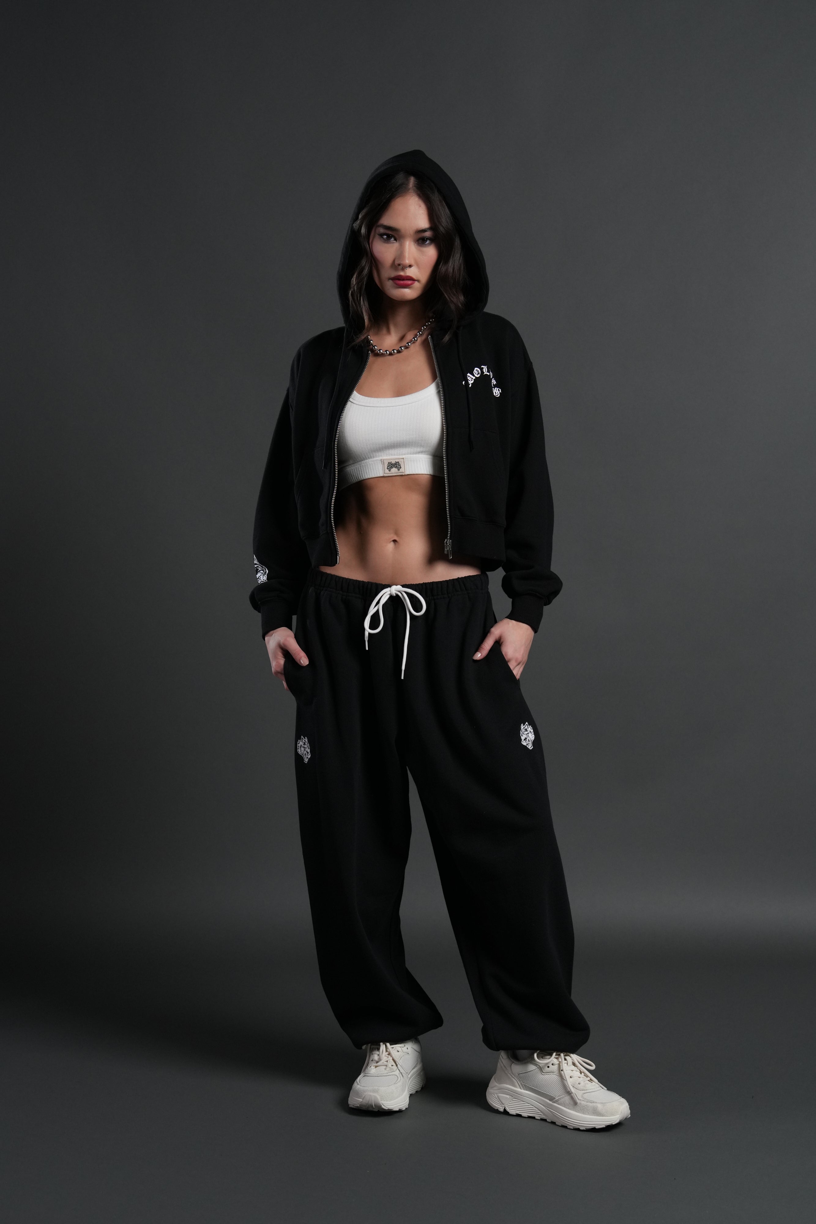 Wolf Chopper FRVR "Sage" Cropped Zip Hoodie in Black