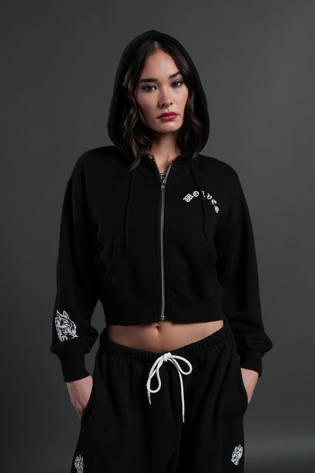 Wolf Chopper FRVR "Sage" Cropped Zip Hoodie in Black