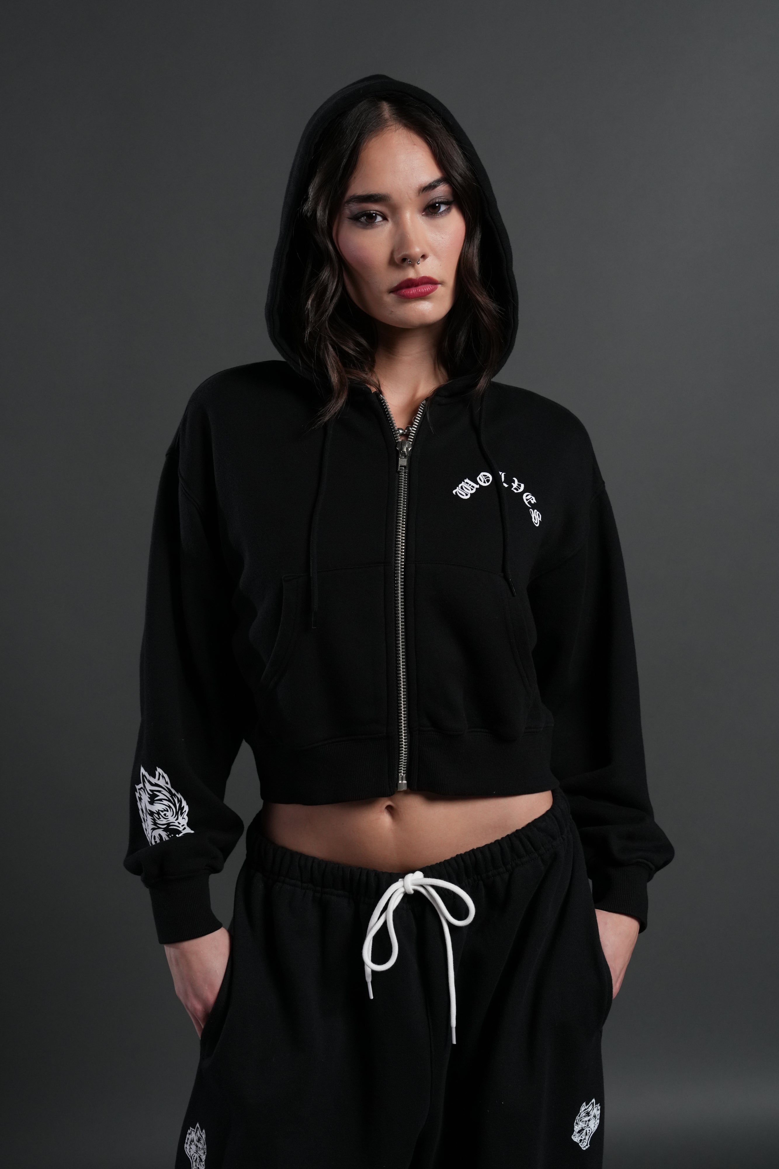 Wolf Chopper FRVR "Sage" Cropped Zip Hoodie in Black