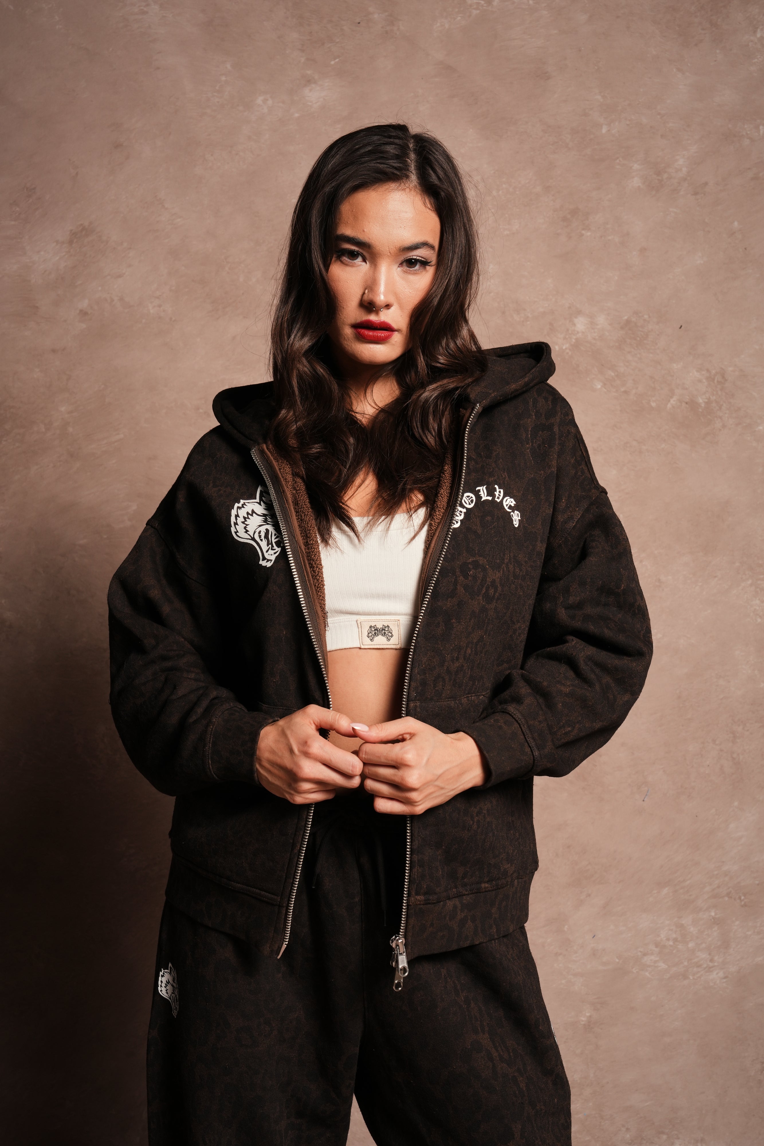 Wolves Chopper Anya Premium Double Zip Hoodie in Darc Brown Leopard