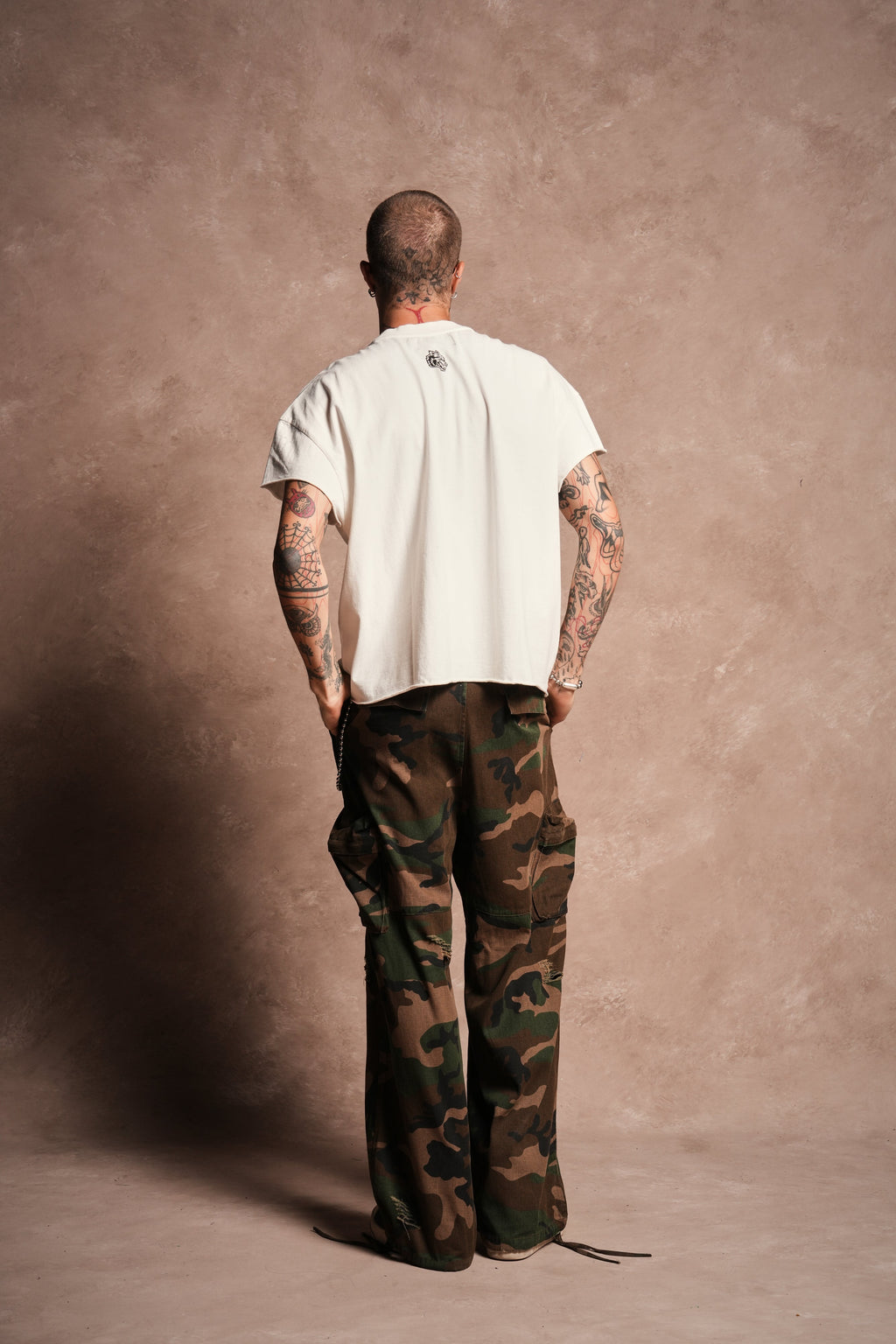 Mickey Mouse Onlyus Distressed Grunge Mid Length Raw Hem Cap Sleeve Tee in Cream