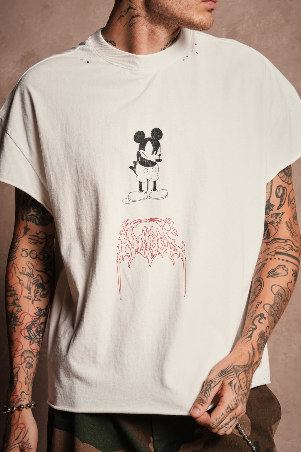 Mickey Mouse Onlyus Distressed Grunge Mid Length Raw Hem Cap Sleeve Tee in Cream