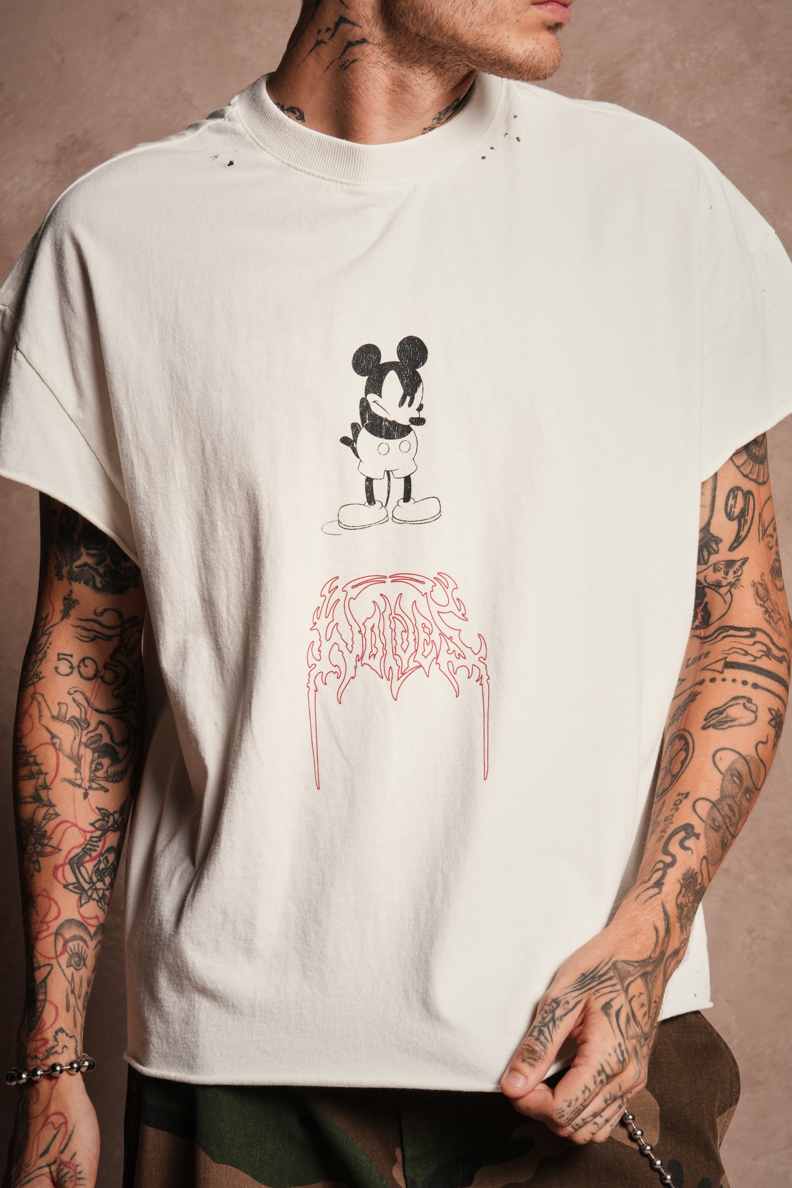 Mickey Mouse Onlyus Distressed Grunge Mid Length Raw Hem Cap Sleeve Tee in Cream