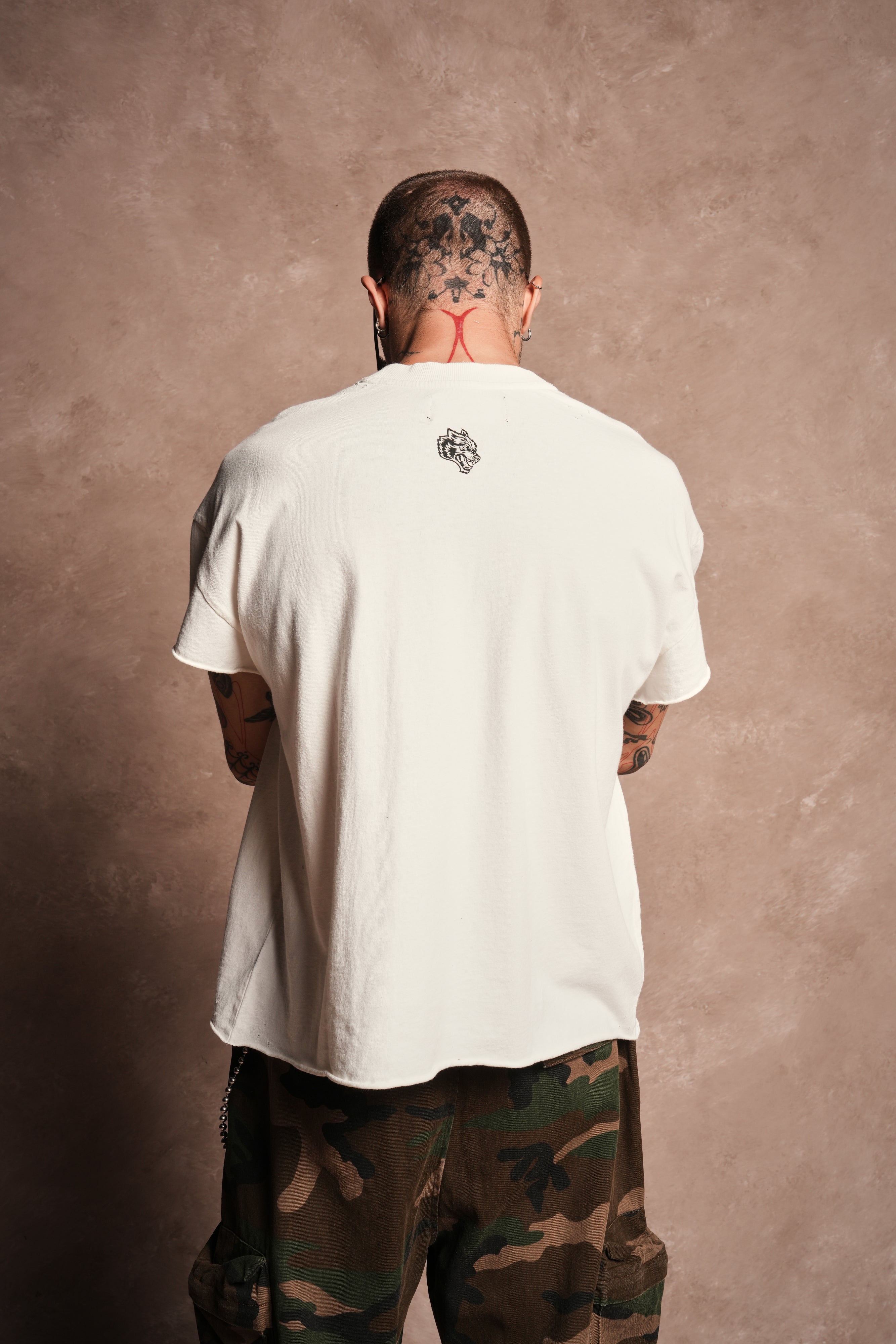 Mickey Mouse Onlyus Distressed Grunge Mid Length Raw Hem Cap Sleeve Tee in Cream