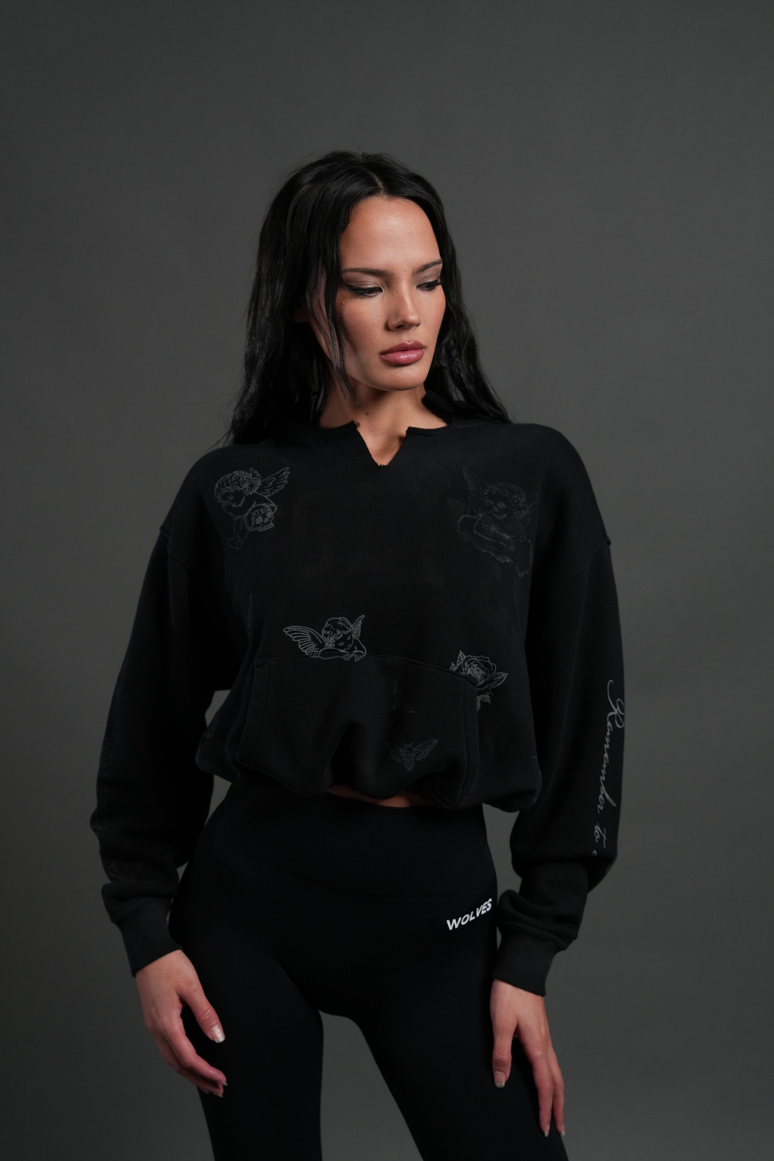 Fallen Cherub "Dempsey" Cropped Hoodie in Black Drift Wash — imagem 1