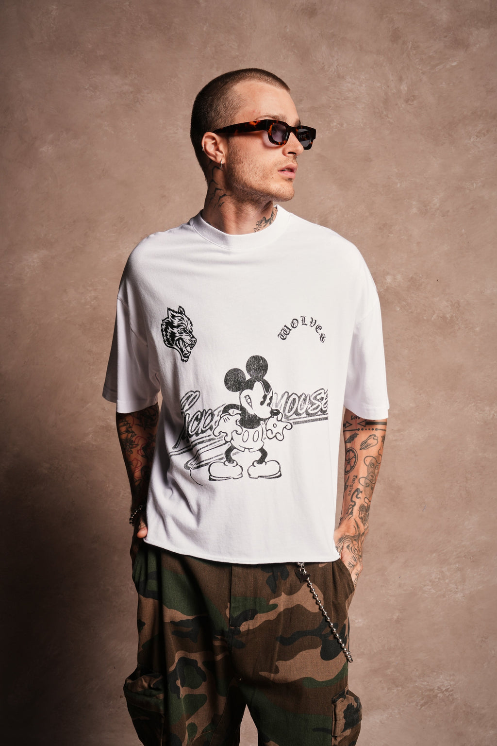 Mickey Chopper Premium Raw Hem Box Cut Tee in White
