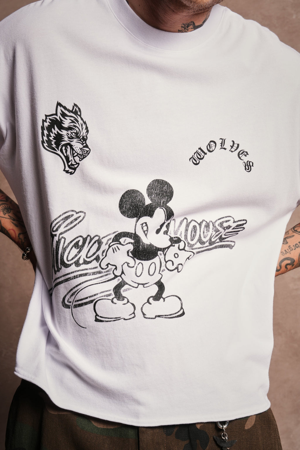 Mickey Chopper Premium Raw Hem Box Cut Tee in White