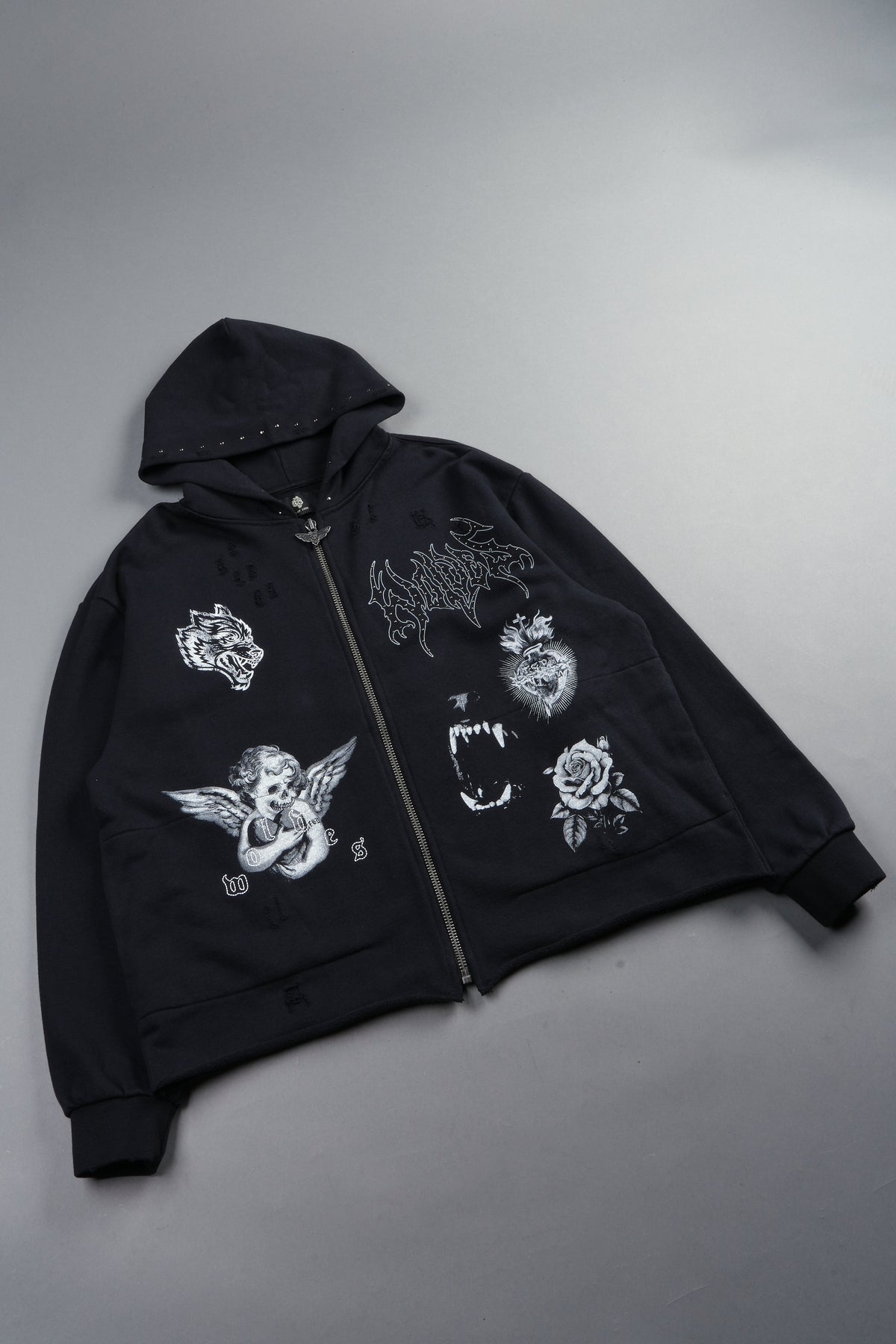 Darc Heaven Distressed Grunge Mid Length Raw Hem Zip Hoodie In Black
