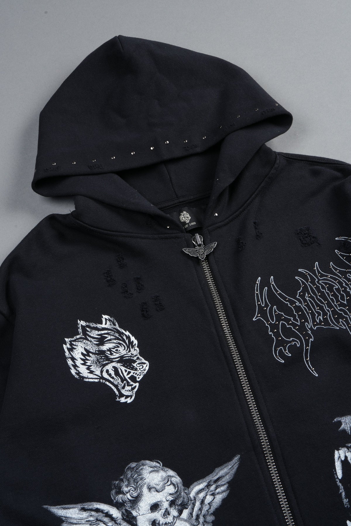 Darc Heaven Distressed Grunge Mid Length Raw Hem Zip Hoodie In Black