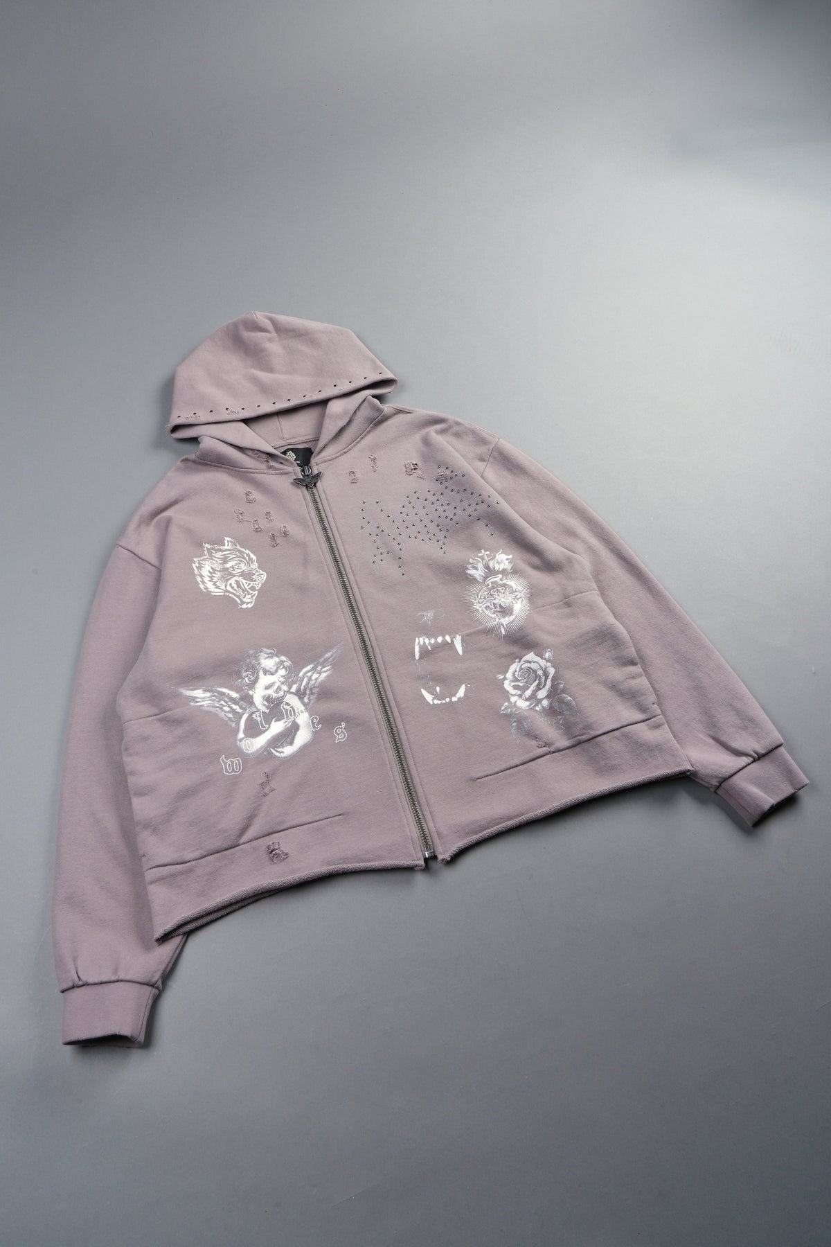Darc Heaven Distressed Grunge Mid Length Raw Hem Zip Hoodie In Pale Gray
