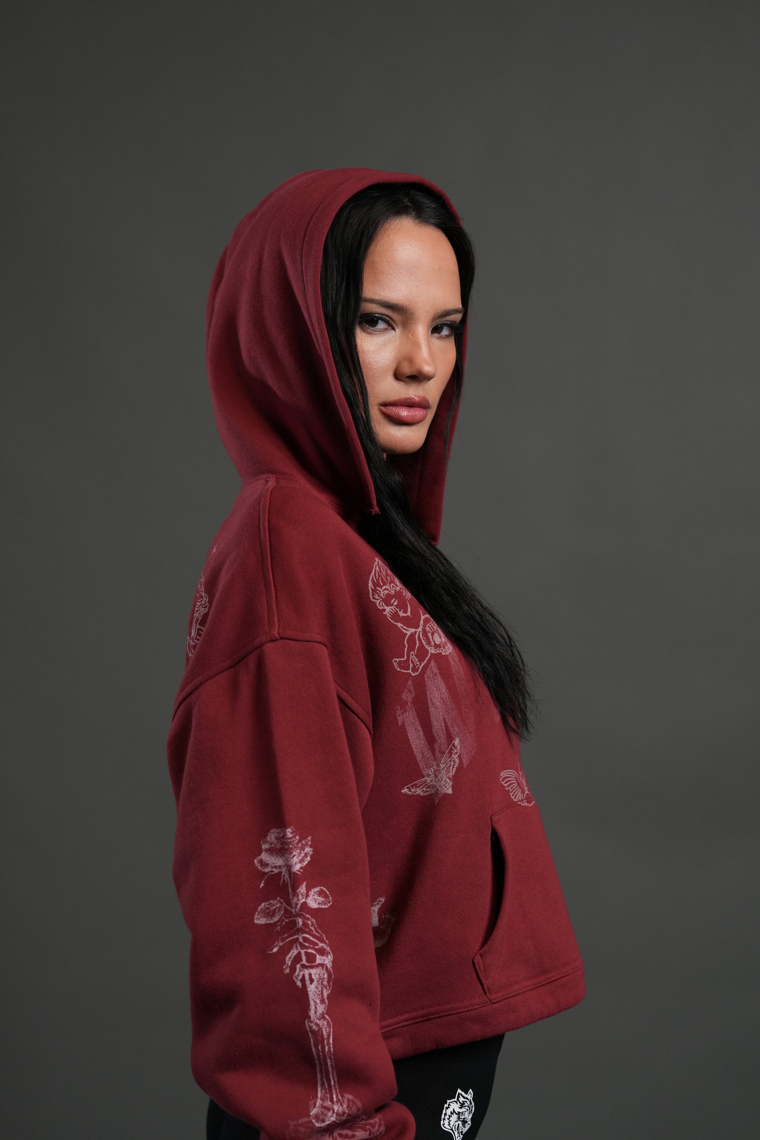 Fallen Cherub "Dempsey" (Cropped) Hoodie in Cherry Red — imagem 7