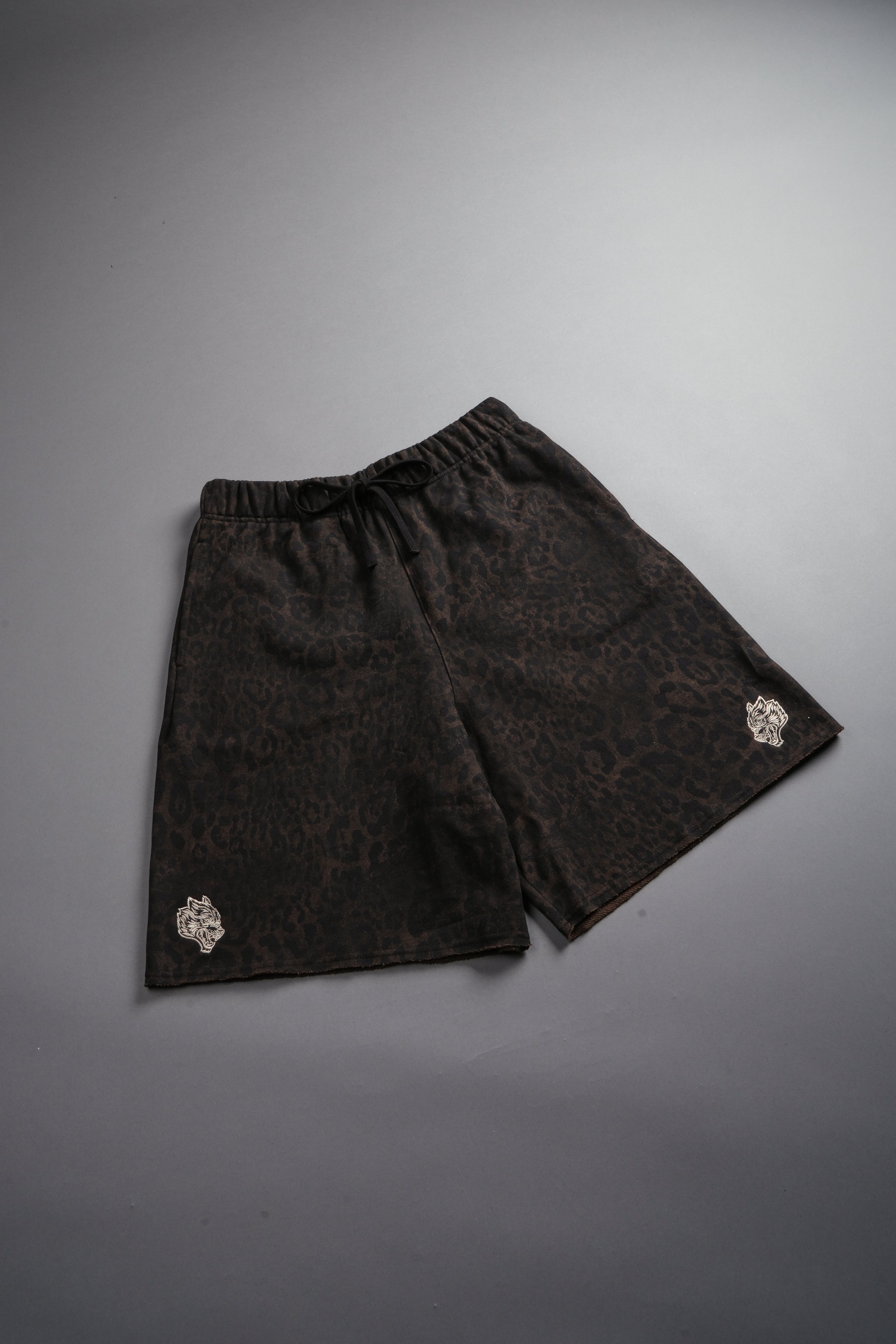 Dual Grunge Oversized Raw Hem Post Lounge Sweat Shorts in Darc Brown Leopard