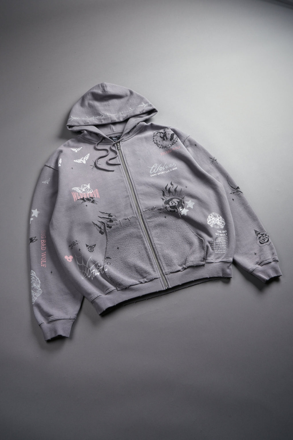 Big Bad Wolves Grunge Moatis Zip Hoodie in Dove Gray Drift Wash