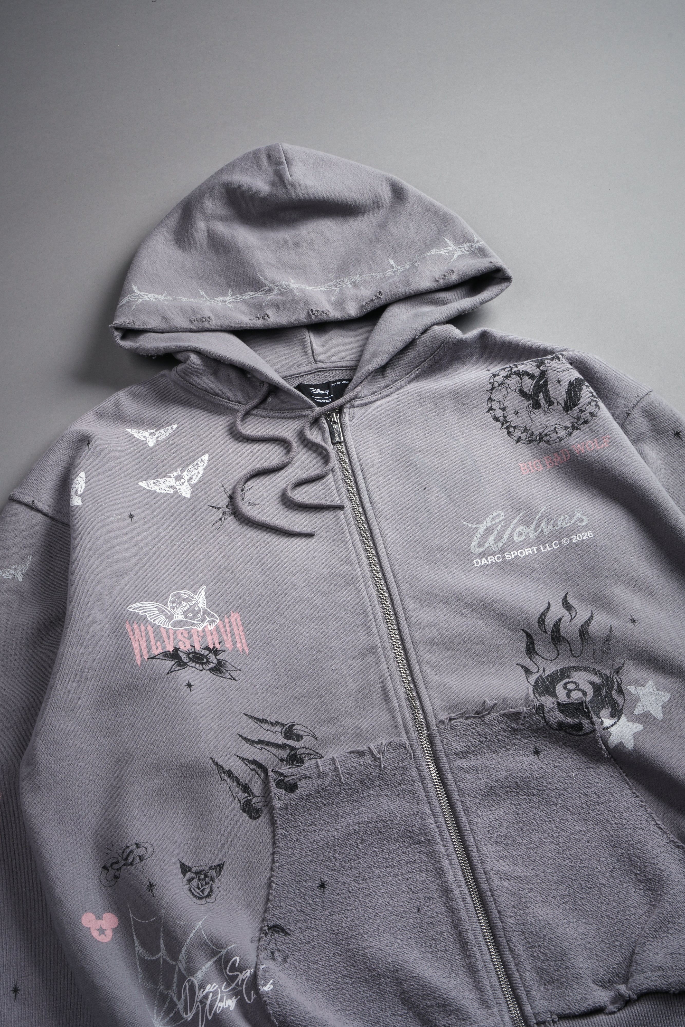 Big Bad Wolves Grunge Moatis Zip Hoodie in Dove Gray Drift Wash