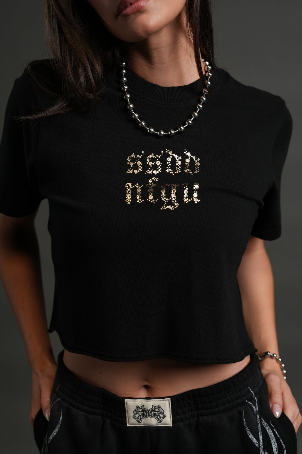 Crystal Code "Premium" Oversized (Cropped) Tee in Black — imagem 3
