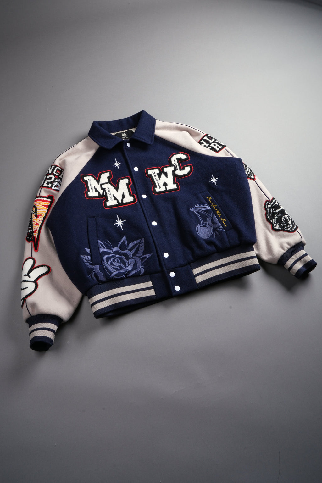 Mickey Mouse Wolves Club Roxy Box Cut Rudy Letterman Jacket in Navy/Clay