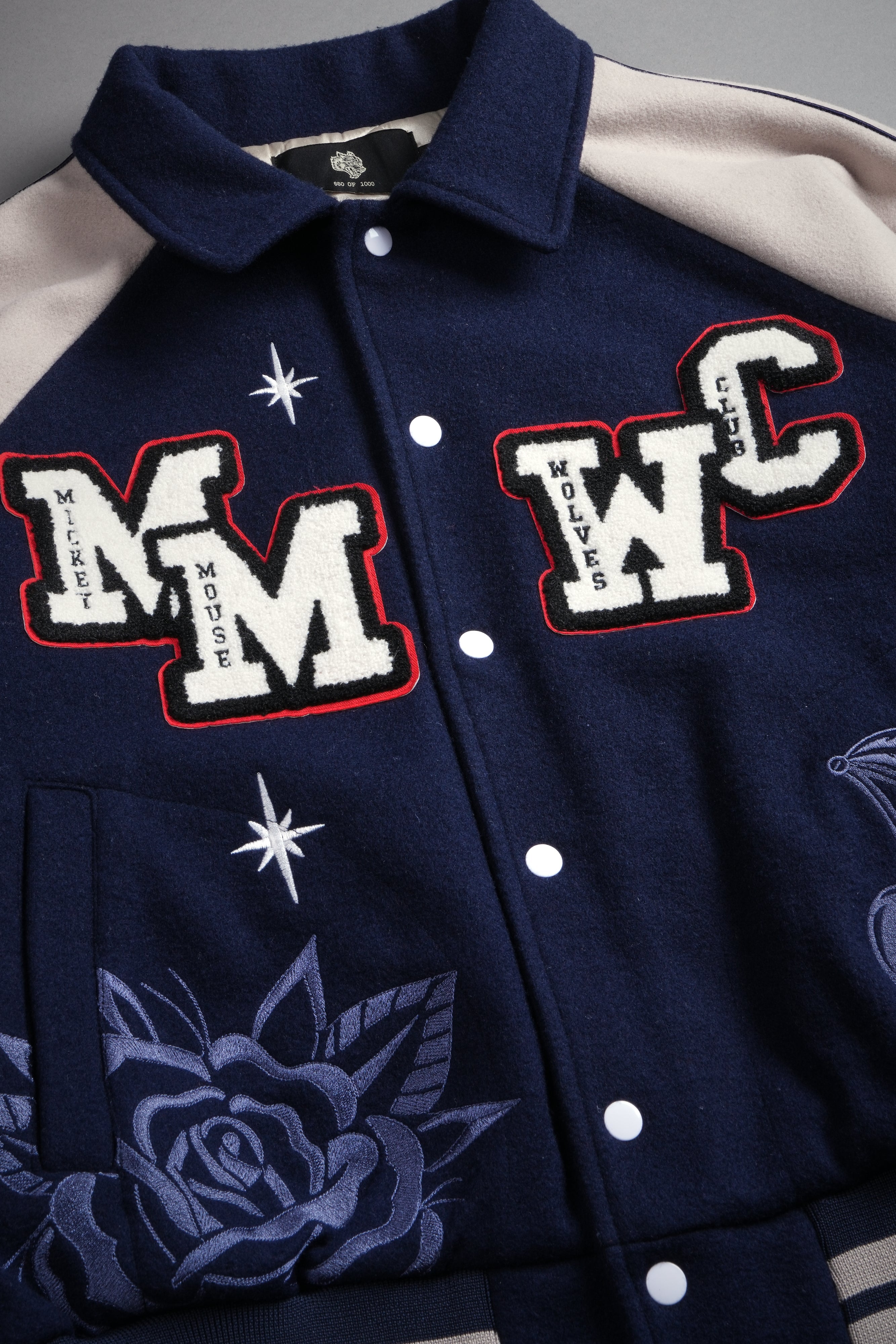 Mickey Mouse Wolves Club Roxy Box Cut Rudy Letterman Jacket in Navy/Clay
