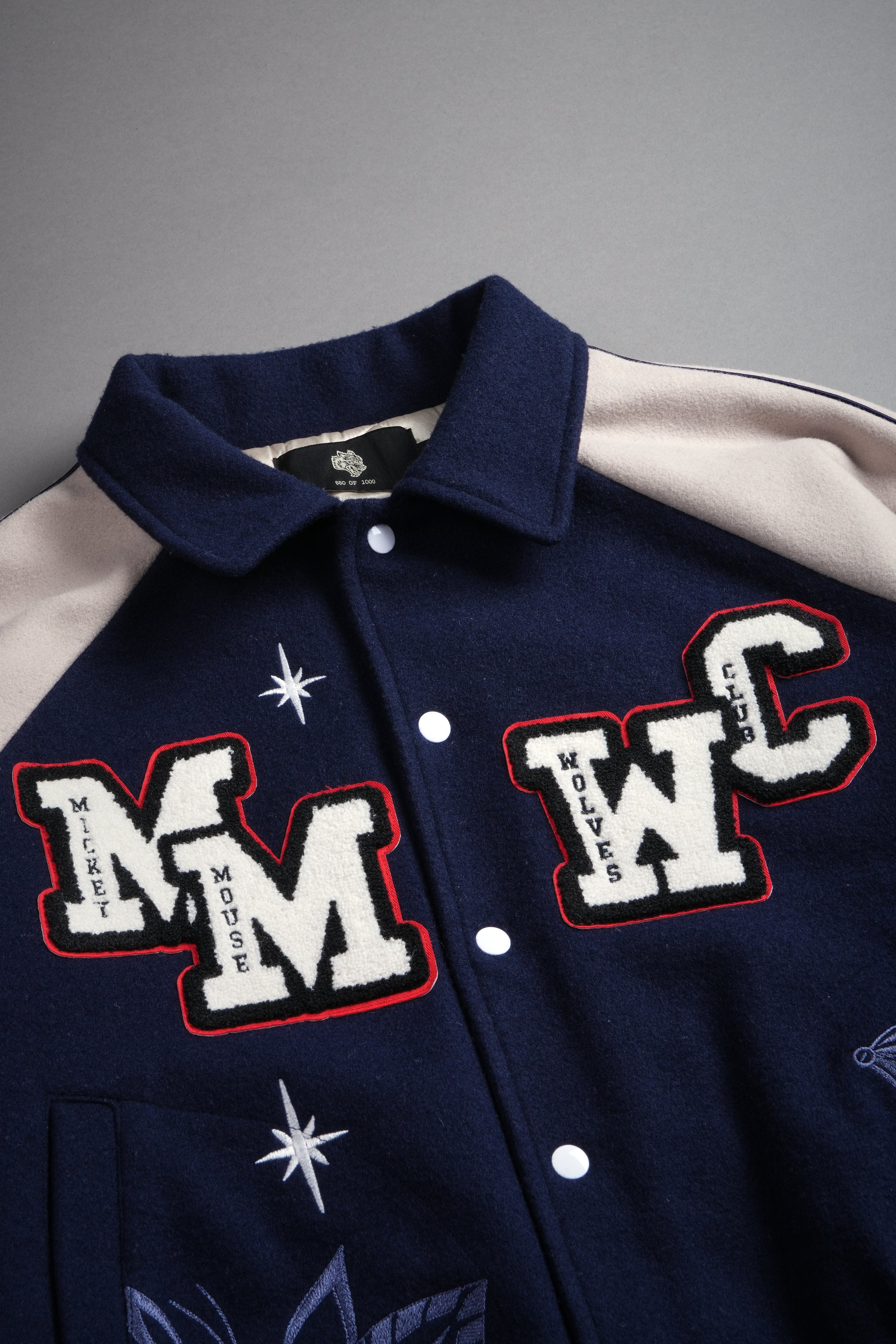 Mickey Mouse Wolves Club Roxy Box Cut Rudy Letterman Jacket in Navy/Clay